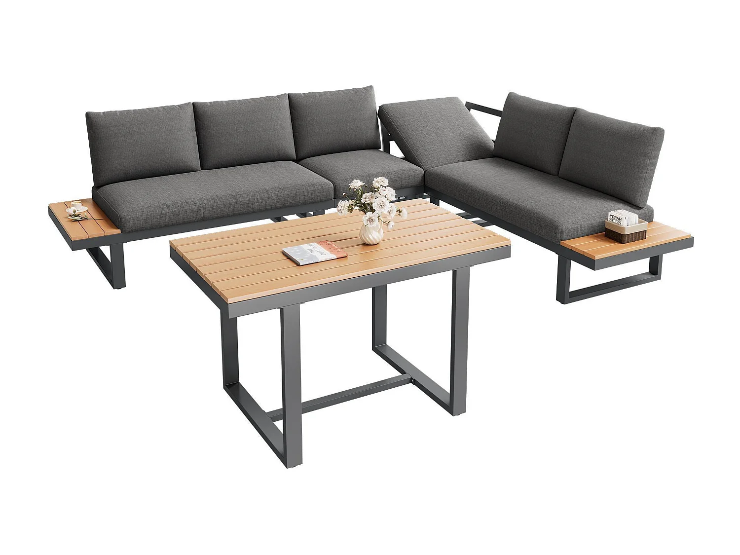 Ensemble de mobilier de jardin, avec inclinaison réglable (5 positions, jusqu'à 55°), tubes en acier galvanisé, gris + noir