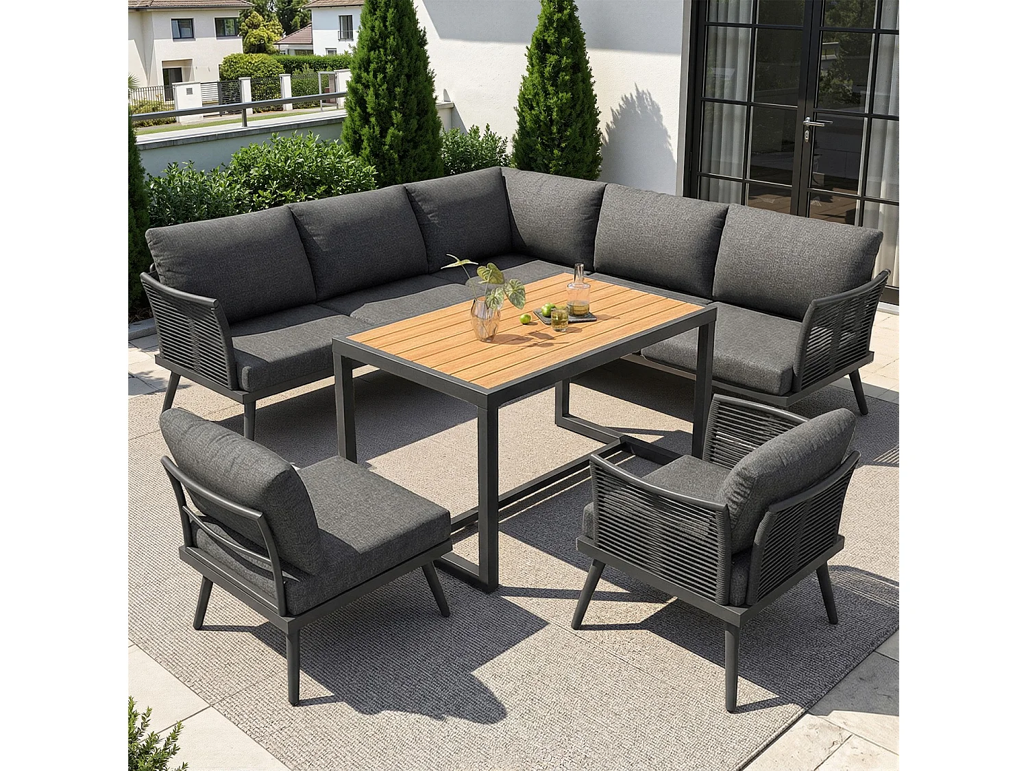 Canapé de jardin en L à sept places avec accoudoirs tressés, résistant aux intempéries, structure en fer, avec coussins et oreillers, gris