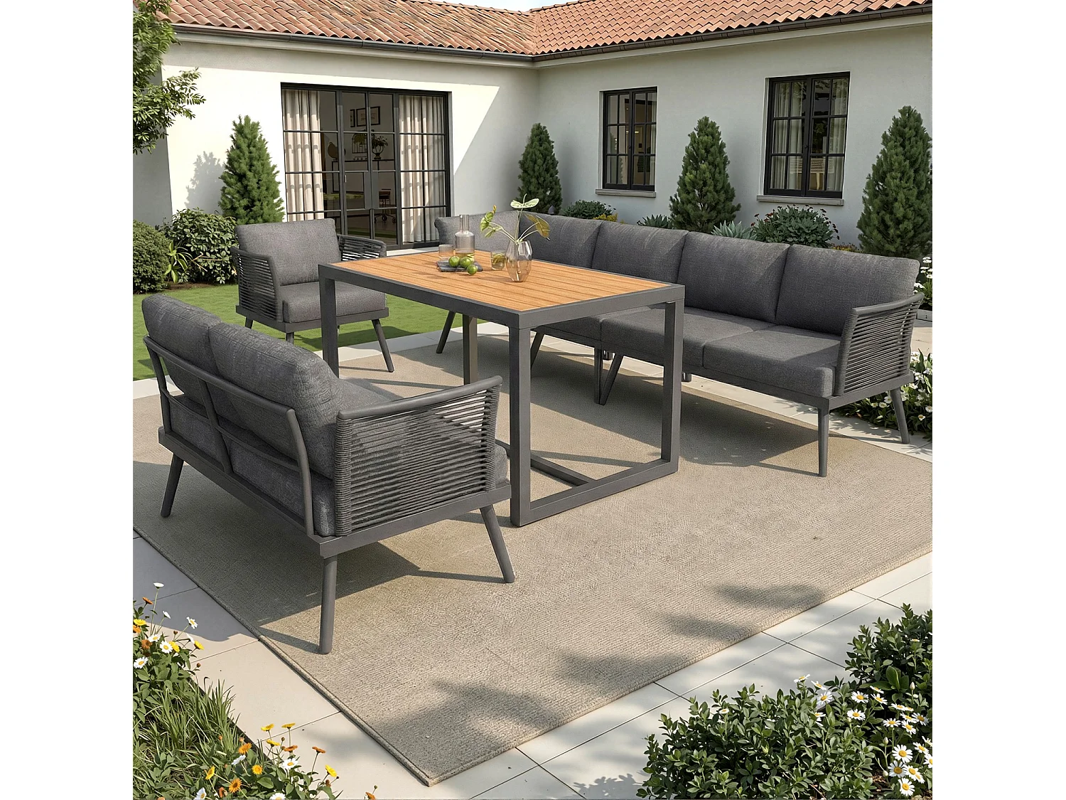 Canapé de jardin en L à sept places avec accoudoirs tressés, résistant aux intempéries, structure en fer, avec coussins et oreillers, gris