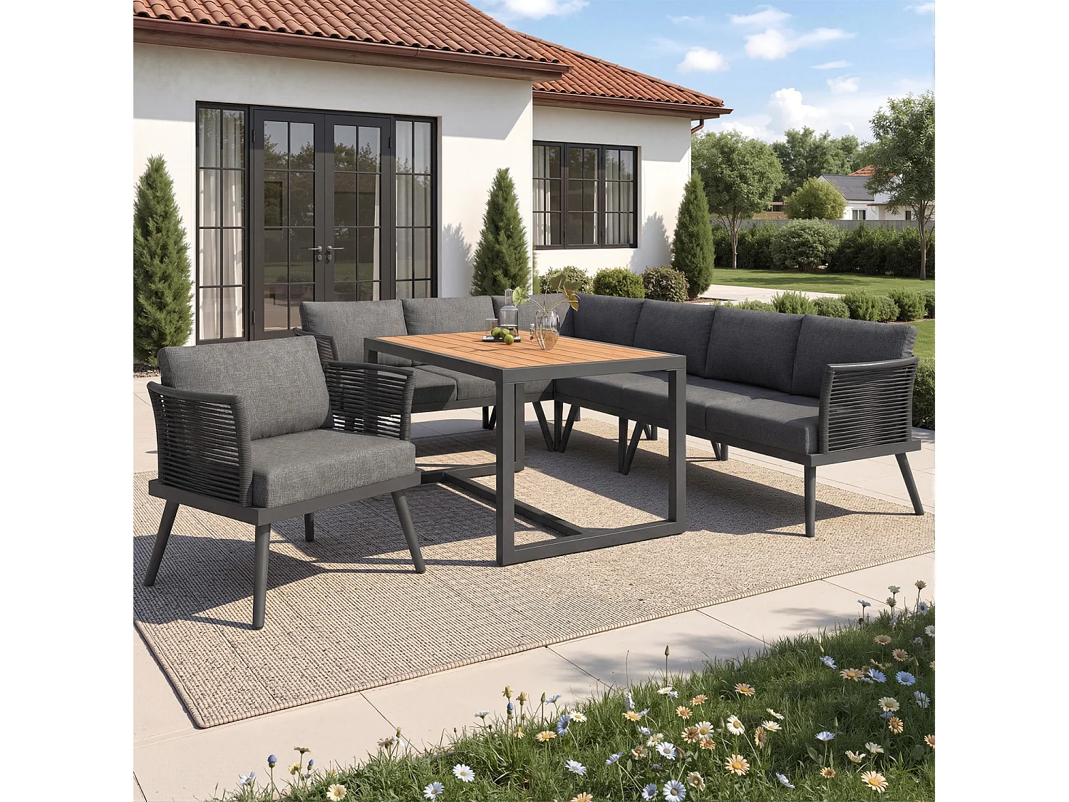 Canapé de jardin en L à sept places avec accoudoirs tressés, résistant aux intempéries, structure en fer, avec coussins et oreillers, gris