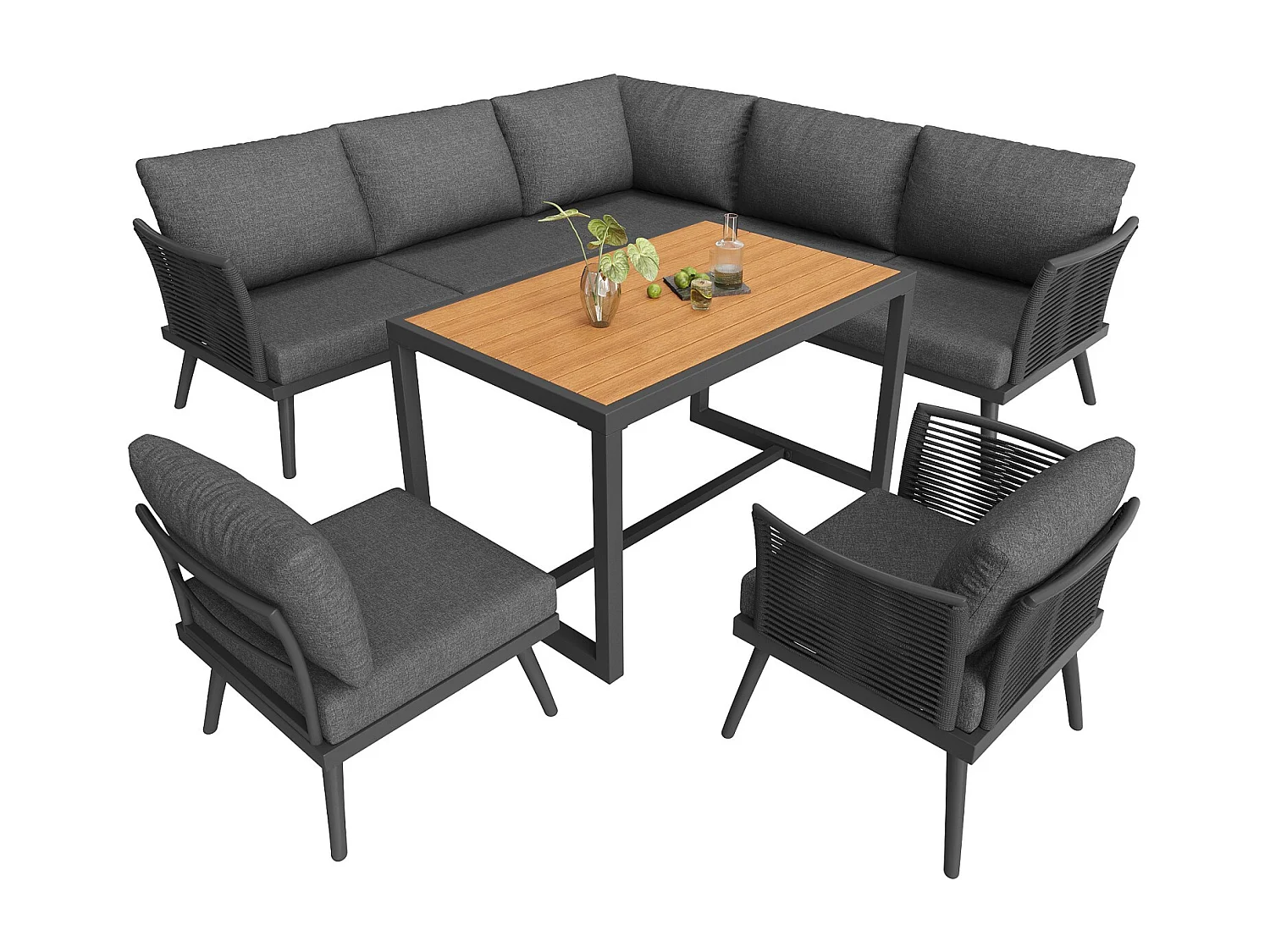 Canapé de jardin en L à sept places avec accoudoirs tressés, résistant aux intempéries, structure en fer, avec coussins et oreillers, gris