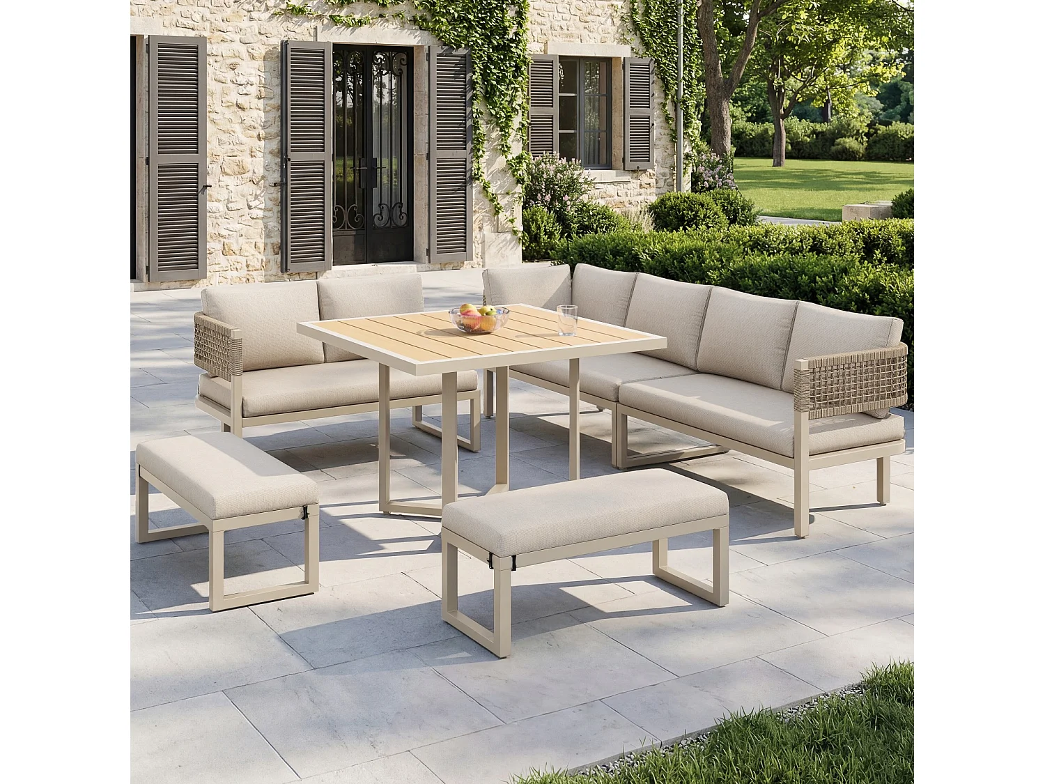 Tuinset voor 8 tot 10 personen, bestaande uit een grote eettafel van kunststof en hout met touwdetails, beige