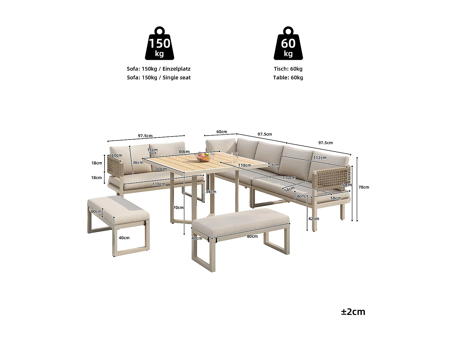 Tuinset voor 8 tot 10 personen, bestaande uit een grote eettafel van kunststof en hout met touwdetails, beige