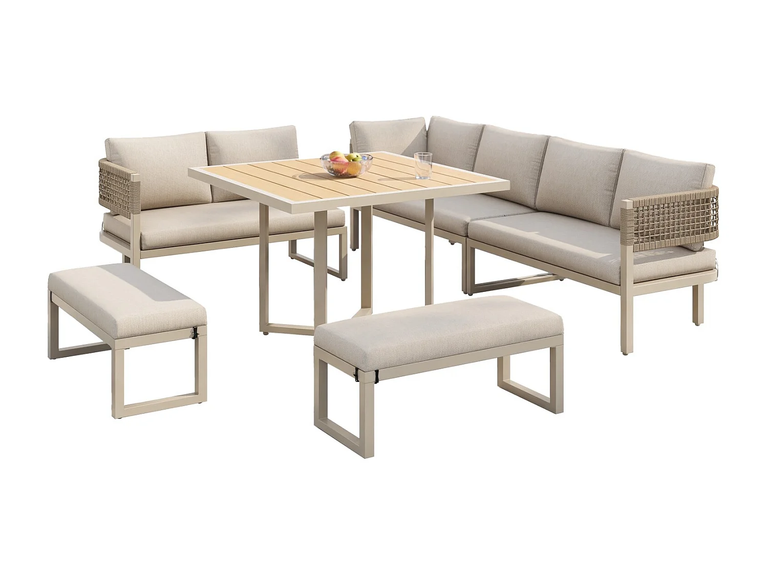 Tuinset voor 8 tot 10 personen, bestaande uit een grote eettafel van kunststof en hout met touwdetails, beige
