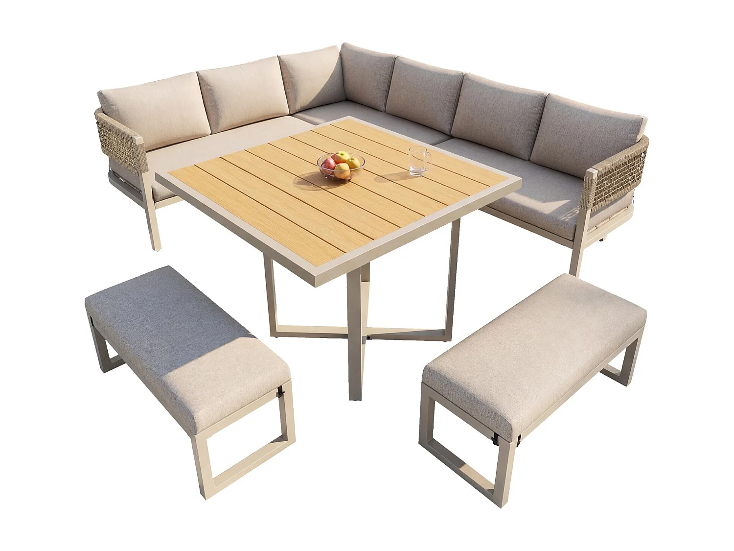 Tuinset voor 8 tot 10 personen, bestaande uit een grote eettafel van kunststof en hout met touwdetails, beige