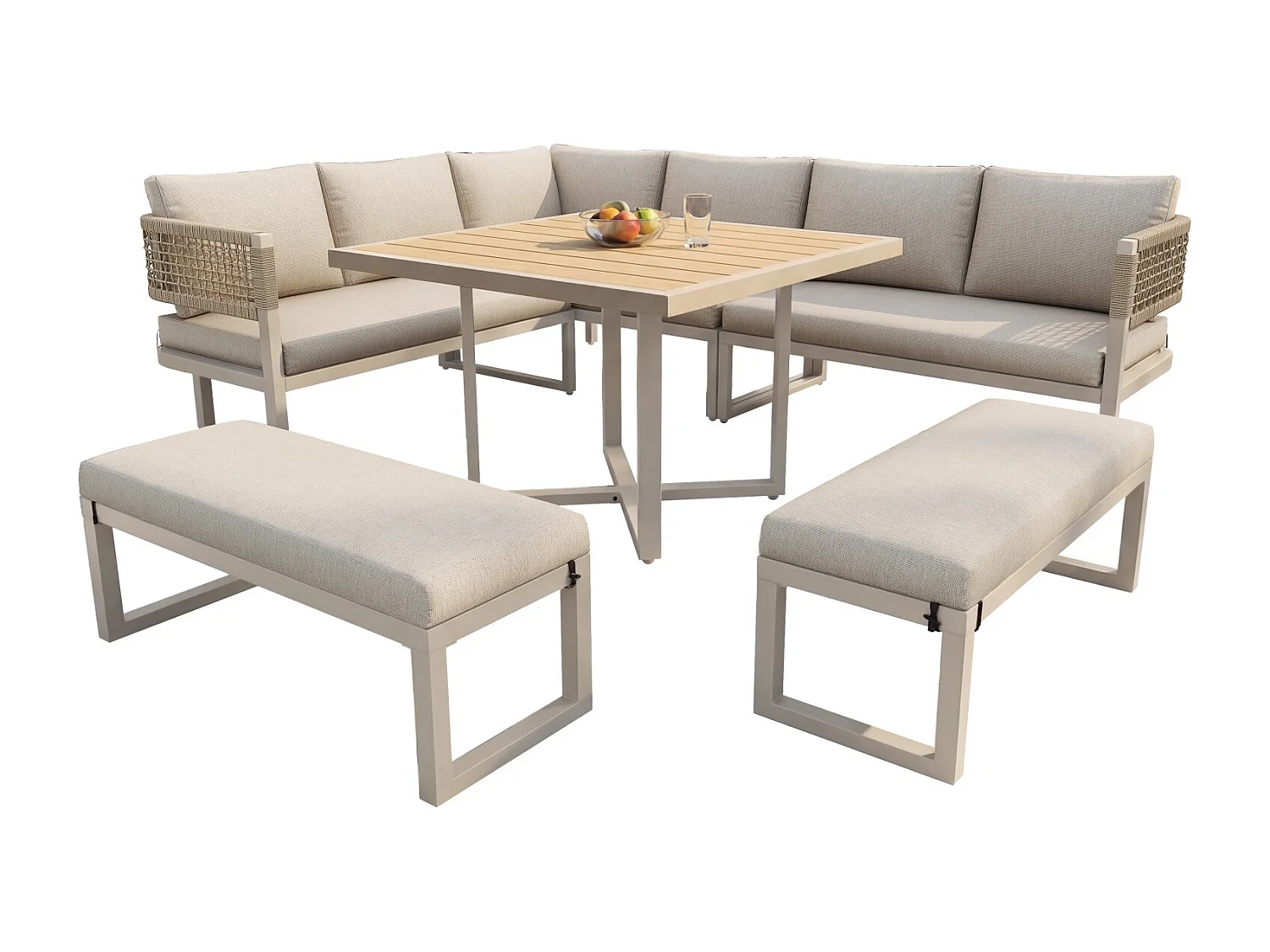 Tuinset voor 8 tot 10 personen, bestaande uit een grote eettafel van kunststof en hout met touwdetails, beige