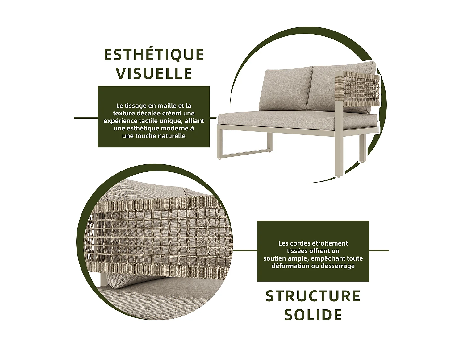 Tuinset voor 8 tot 10 personen, bestaande uit een grote eettafel van kunststof en hout met touwdetails, beige