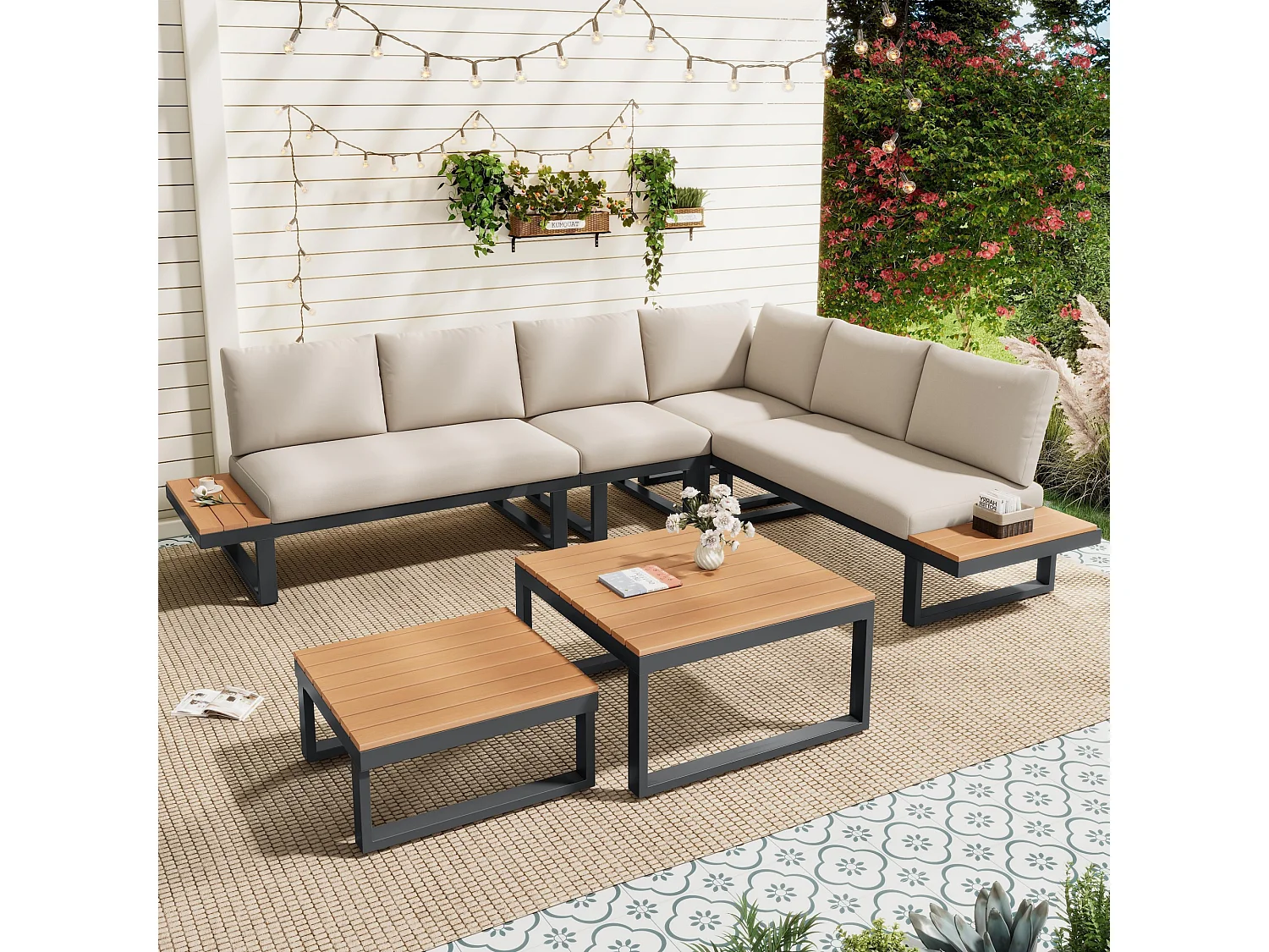 Ensemble de mobilier de jardin, avec inclinaison réglable (5 positions, jusqu'à 55°), tubes en acier galvanisé, beige + gris