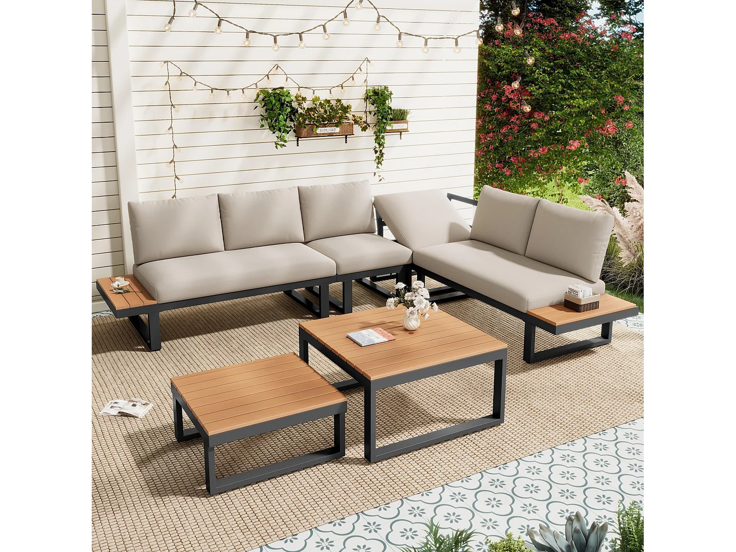 Ensemble de mobilier de jardin, avec inclinaison réglable (5 positions, jusqu'à 55°), tubes en acier galvanisé, beige + gris