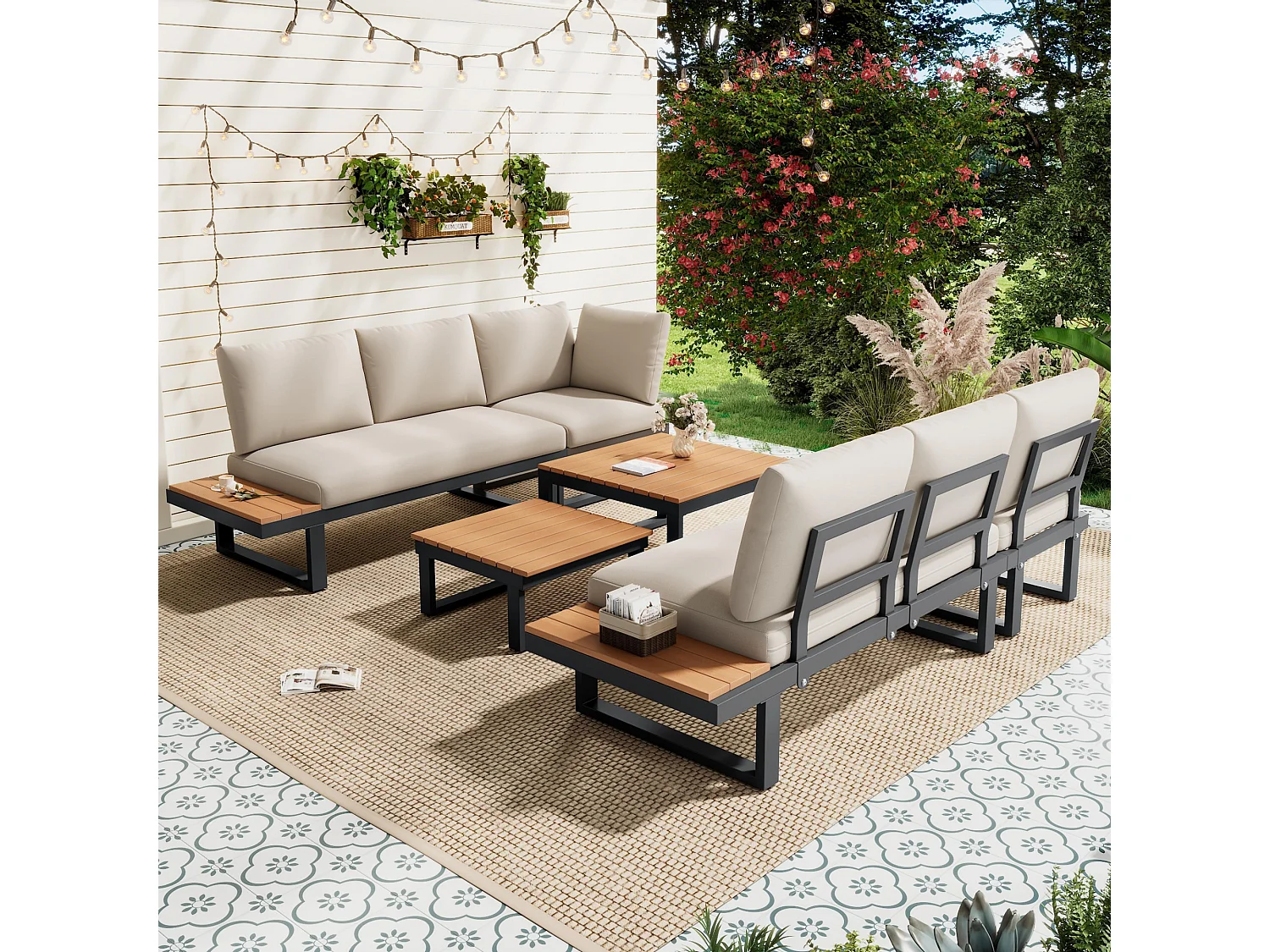 Ensemble de mobilier de jardin, avec inclinaison réglable (5 positions, jusqu'à 55°), tubes en acier galvanisé, beige + gris