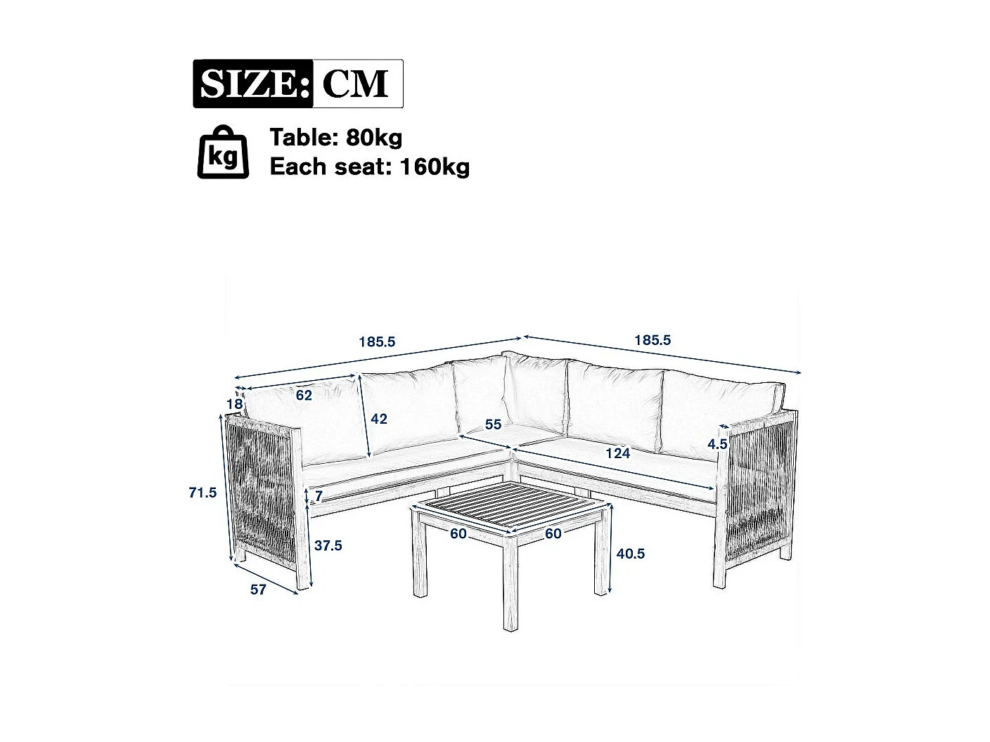 Tuinset, hoekbank + salontafel, frame van teakhout, vlechtwerk van touw, beige