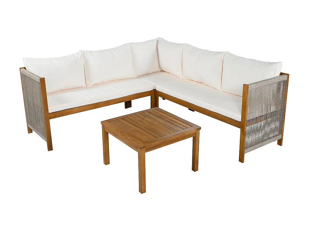 Tuinset, hoekbank + salontafel, frame van teakhout, vlechtwerk van touw, beige