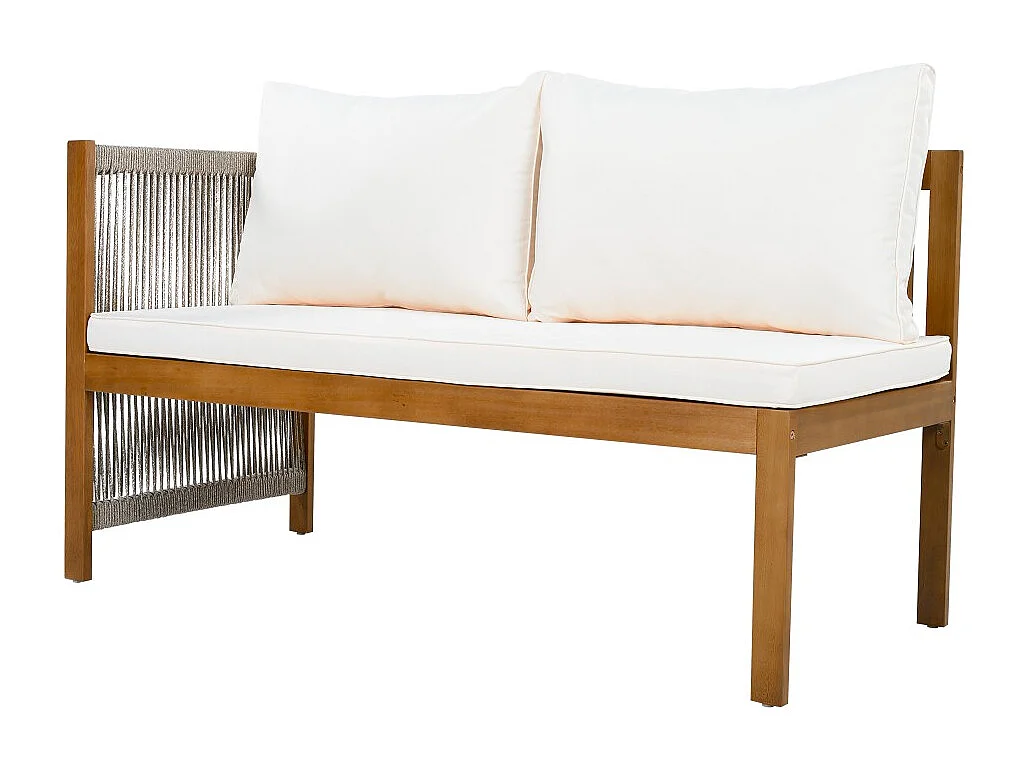 Tuinset, hoekbank + salontafel, frame van teakhout, vlechtwerk van touw, beige