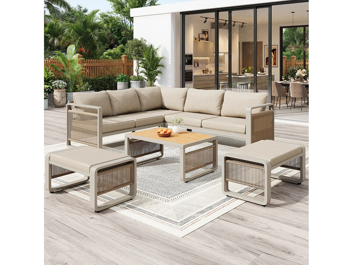 Set van 6-7 ligstoelen voor in de tuin, handgeweven touw, verstelbare voetsteunen, beige