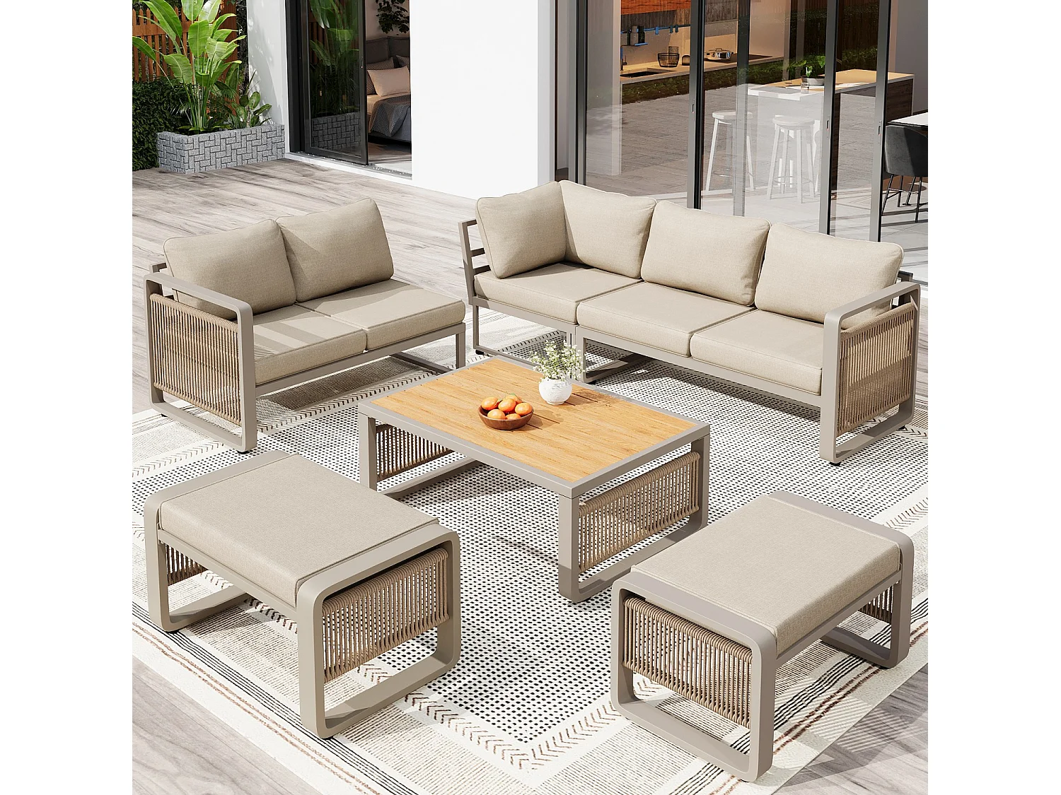 Set van 6-7 ligstoelen voor in de tuin, handgeweven touw, verstelbare voetsteunen, beige