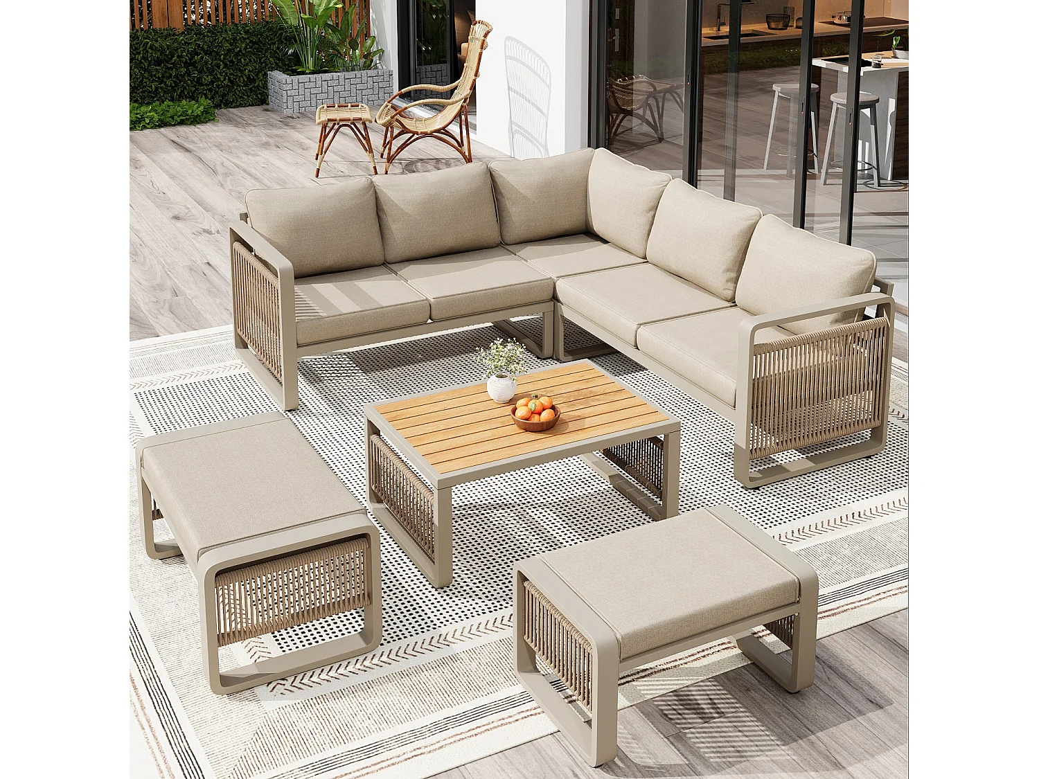 Set van 6-7 ligstoelen voor in de tuin, handgeweven touw, verstelbare voetsteunen, beige