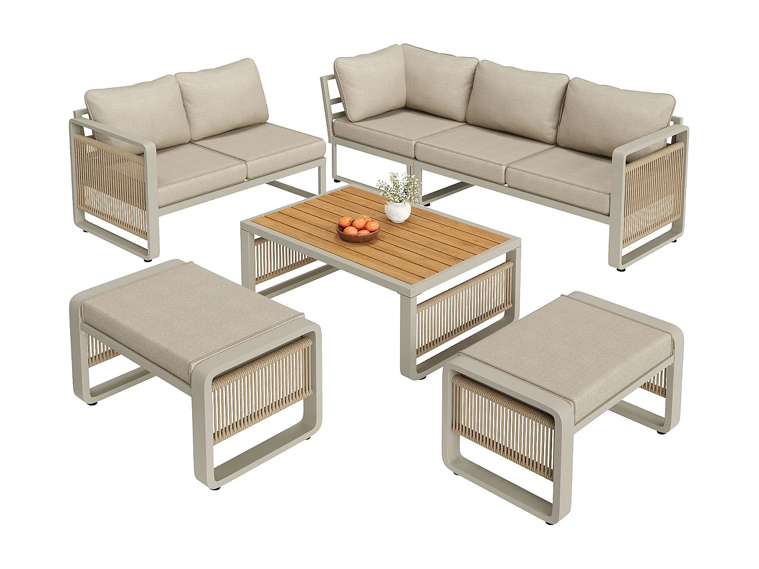 Set van 6-7 ligstoelen voor in de tuin, handgeweven touw, verstelbare voetsteunen, beige