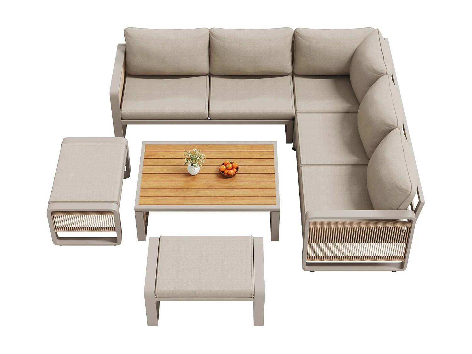 Set van 6-7 ligstoelen voor in de tuin, handgeweven touw, verstelbare voetsteunen, beige