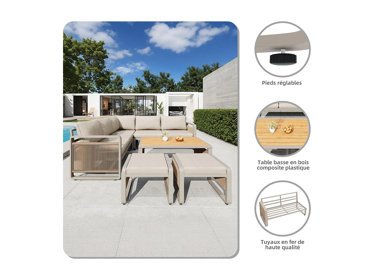 Set van 6-7 ligstoelen voor in de tuin, handgeweven touw, verstelbare voetsteunen, beige