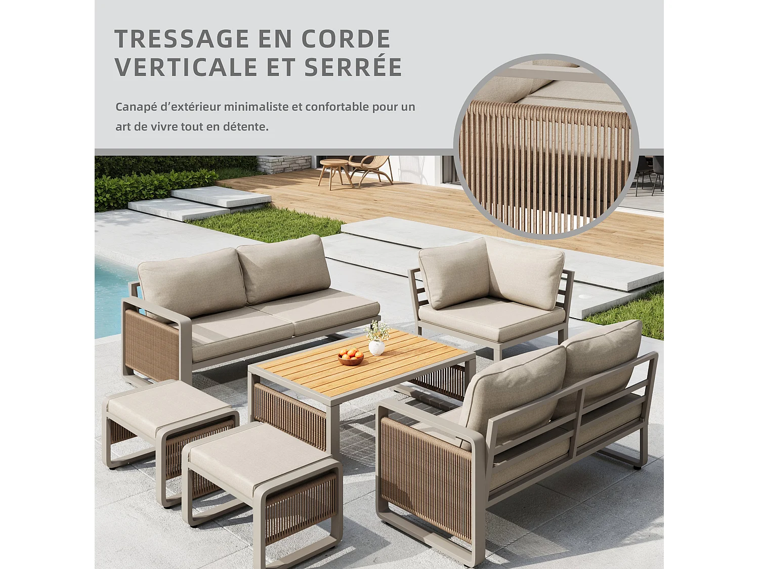 Set van 6-7 ligstoelen voor in de tuin, handgeweven touw, verstelbare voetsteunen, beige