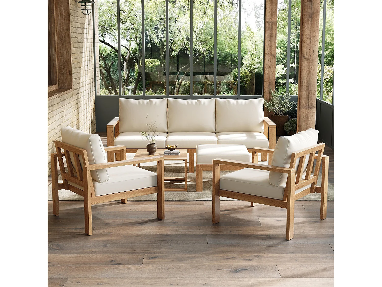 Tuinset, voor 4 tot 6 personen, frame van acaciahout, kleur naturel + crème