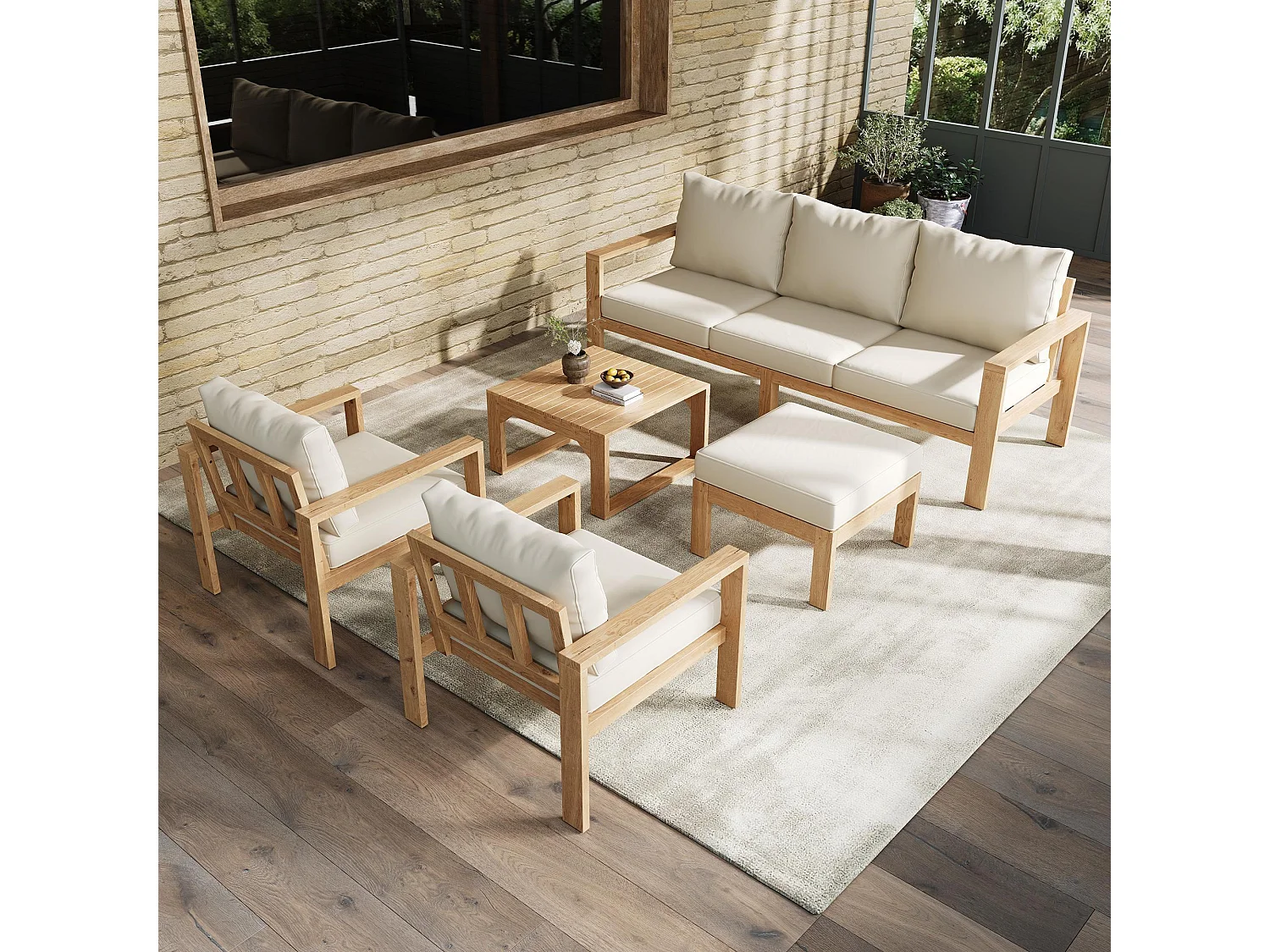 Tuinset, voor 4 tot 6 personen, frame van acaciahout, kleur naturel + crème