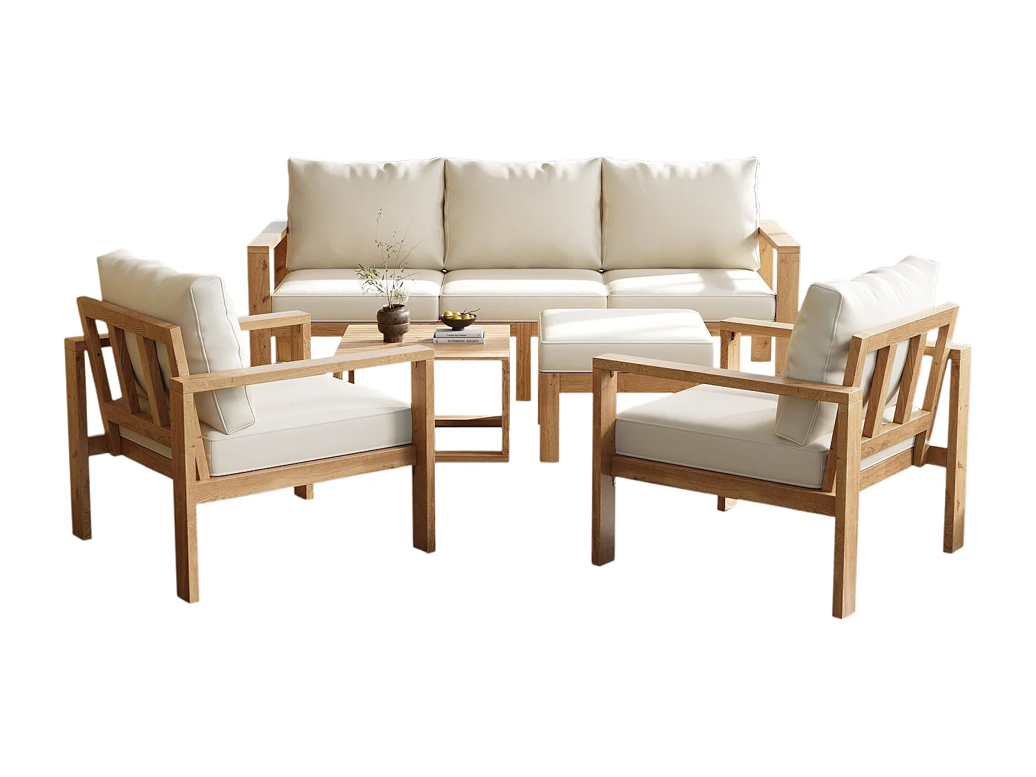 Tuinset, voor 4 tot 6 personen, frame van acaciahout, kleur naturel + crème