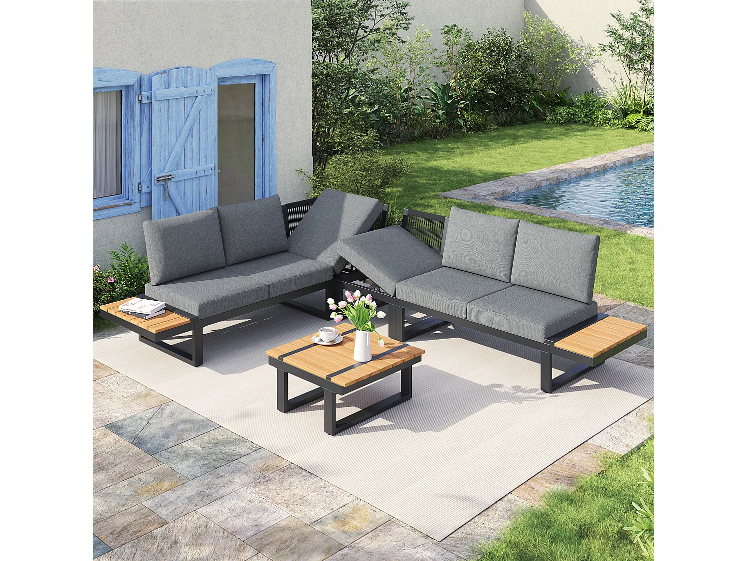 Mobilier de jardin, comprenant 2 chaises longues, avec inclinaison réglable, structure en tubes d'acier galvanisé,gris