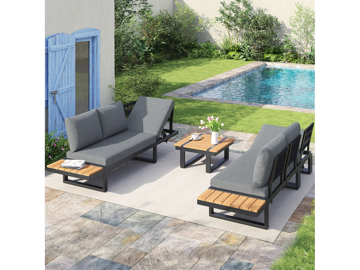 Mobilier de jardin, comprenant 2 chaises longues, avec inclinaison réglable, structure en tubes d'acier galvanisé,gris