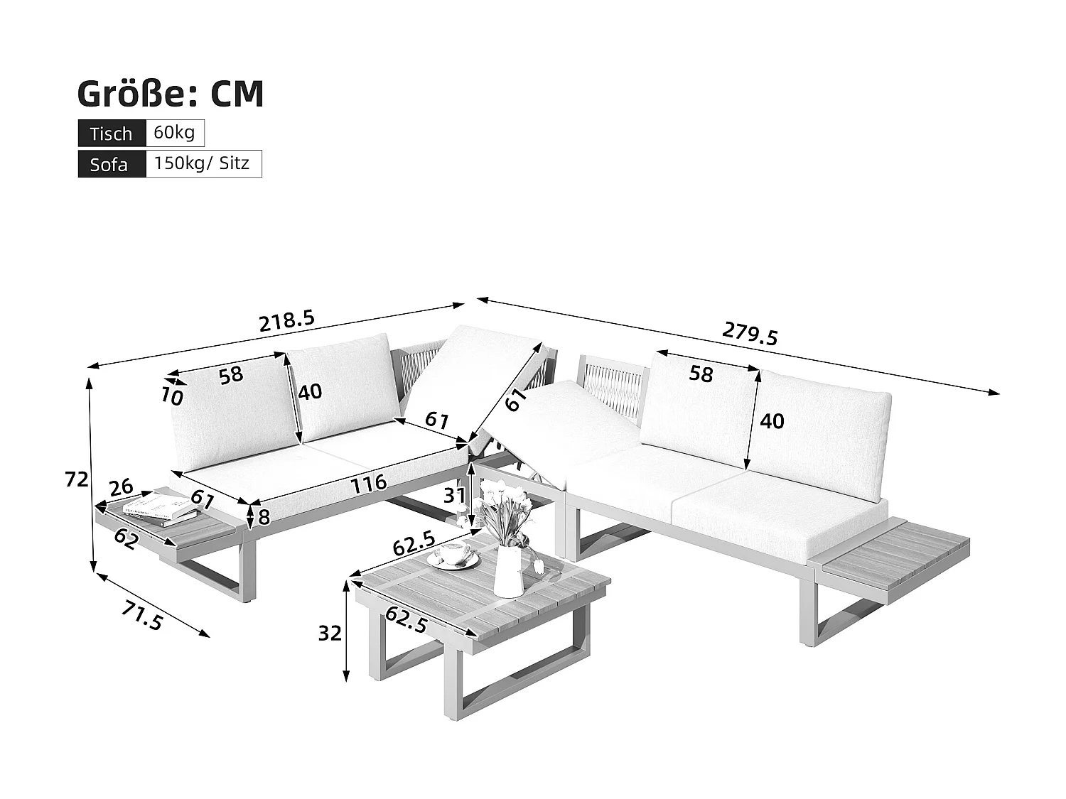 Mobilier de jardin, comprenant 2 chaises longues, avec inclinaison réglable, structure en tubes d'acier galvanisé,gris