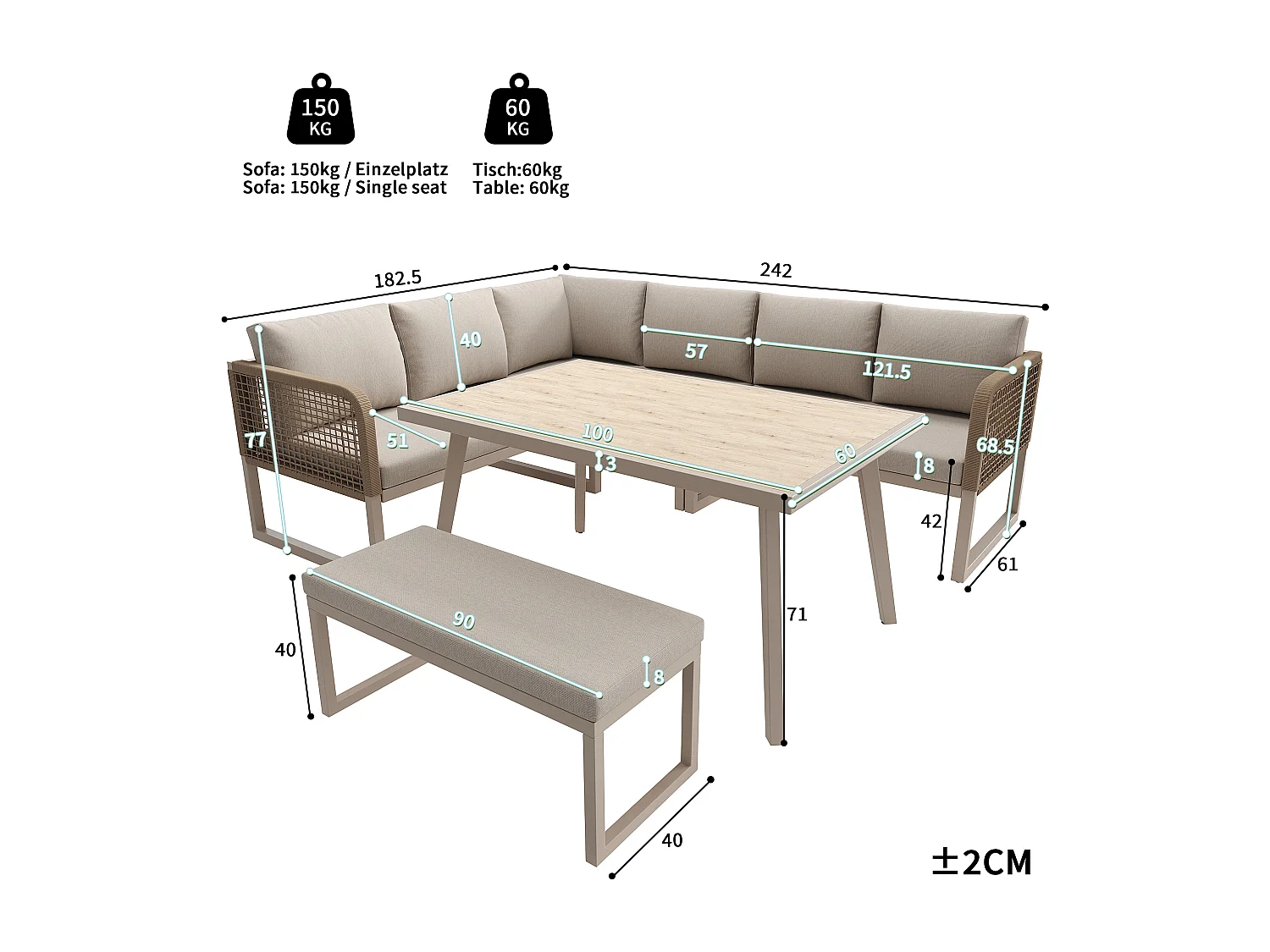 Tuinset met hoogwaardige kussens, handgeweven PE-rotan, weerbestendig, beige