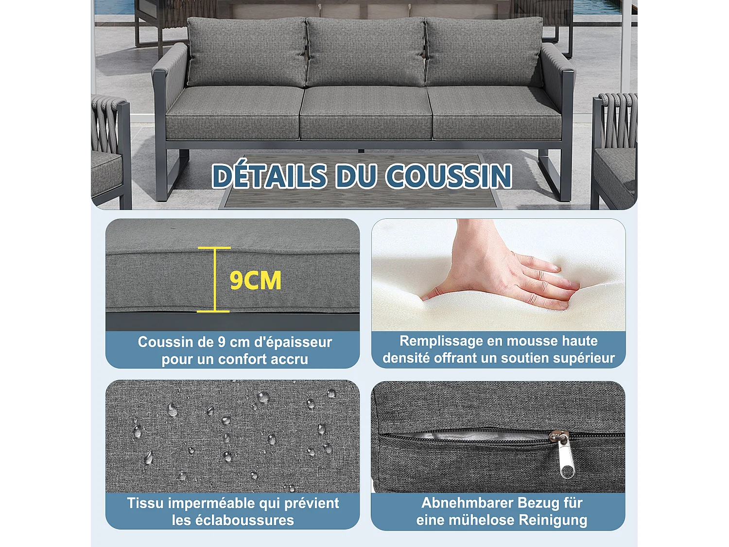 Ensemble de meubles de jardin ,Canapé d'extérieur 10 places avec pieds réglables, rembourré et structure métallique en acier inoxydable, gris