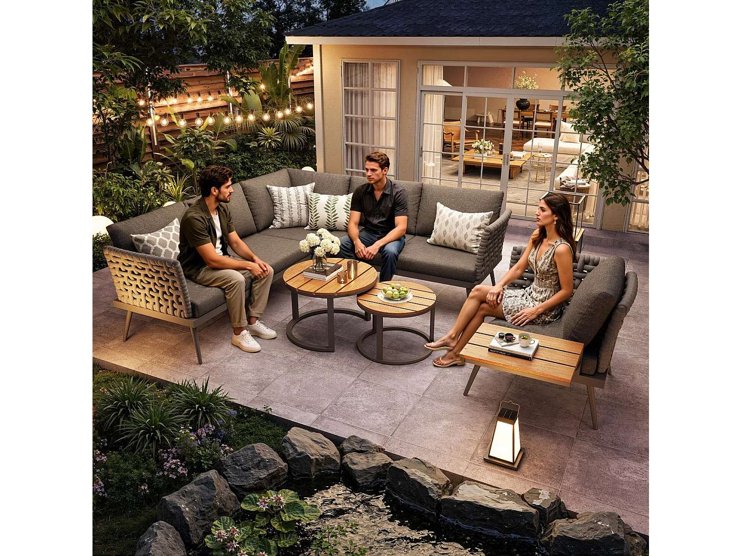 Canapé de jardin, six places, avec accoudoirs tissés à la main, résistant aux intempéries, structure en fer, avec coussins, gris