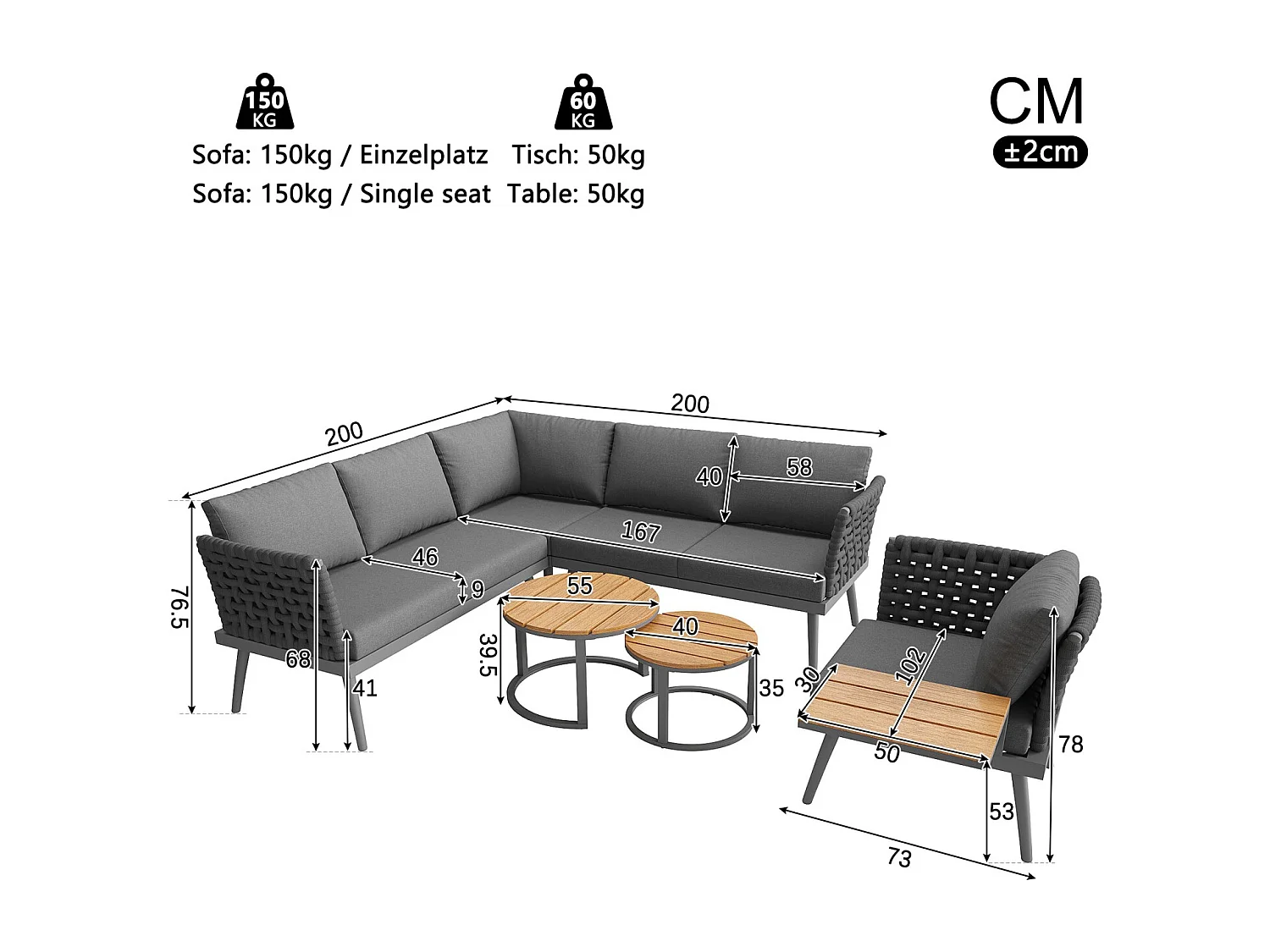 Canapé de jardin, six places, avec accoudoirs tissés à la main, résistant aux intempéries, structure en fer, avec coussins, gris