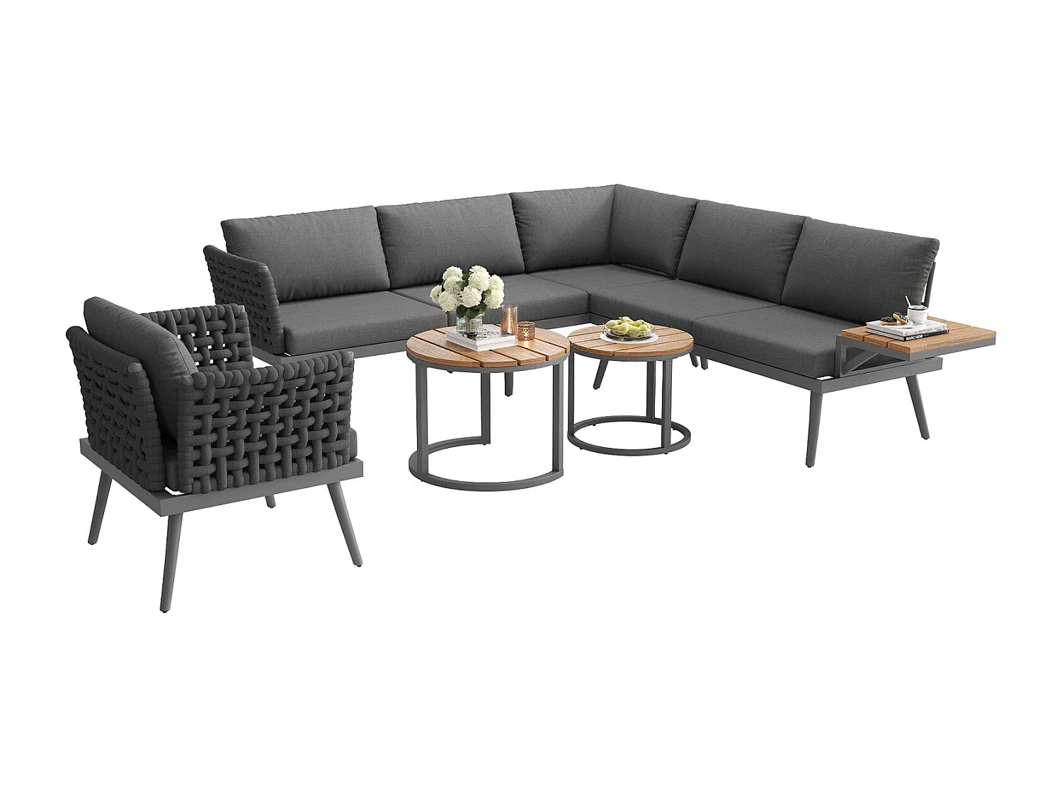 Canapé de jardin, six places, avec accoudoirs tissés à la main, résistant aux intempéries, structure en fer, avec coussins, gris