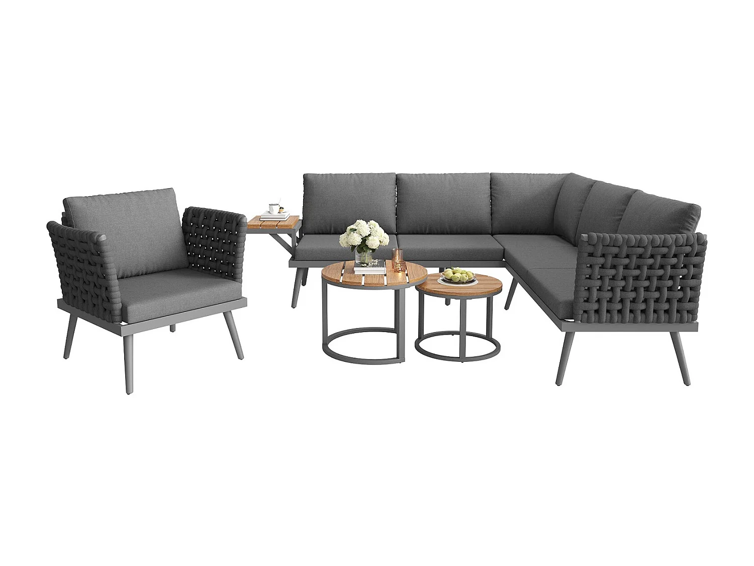 Canapé de jardin, six places, avec accoudoirs tissés à la main, résistant aux intempéries, structure en fer, avec coussins, gris