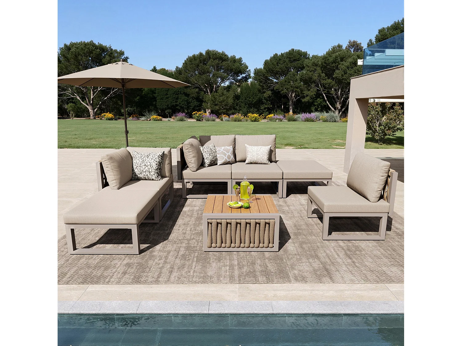 Set di mobili da giardino con cuscini e cuscini di alta qualità, angolo dello schienale regolabile, beige