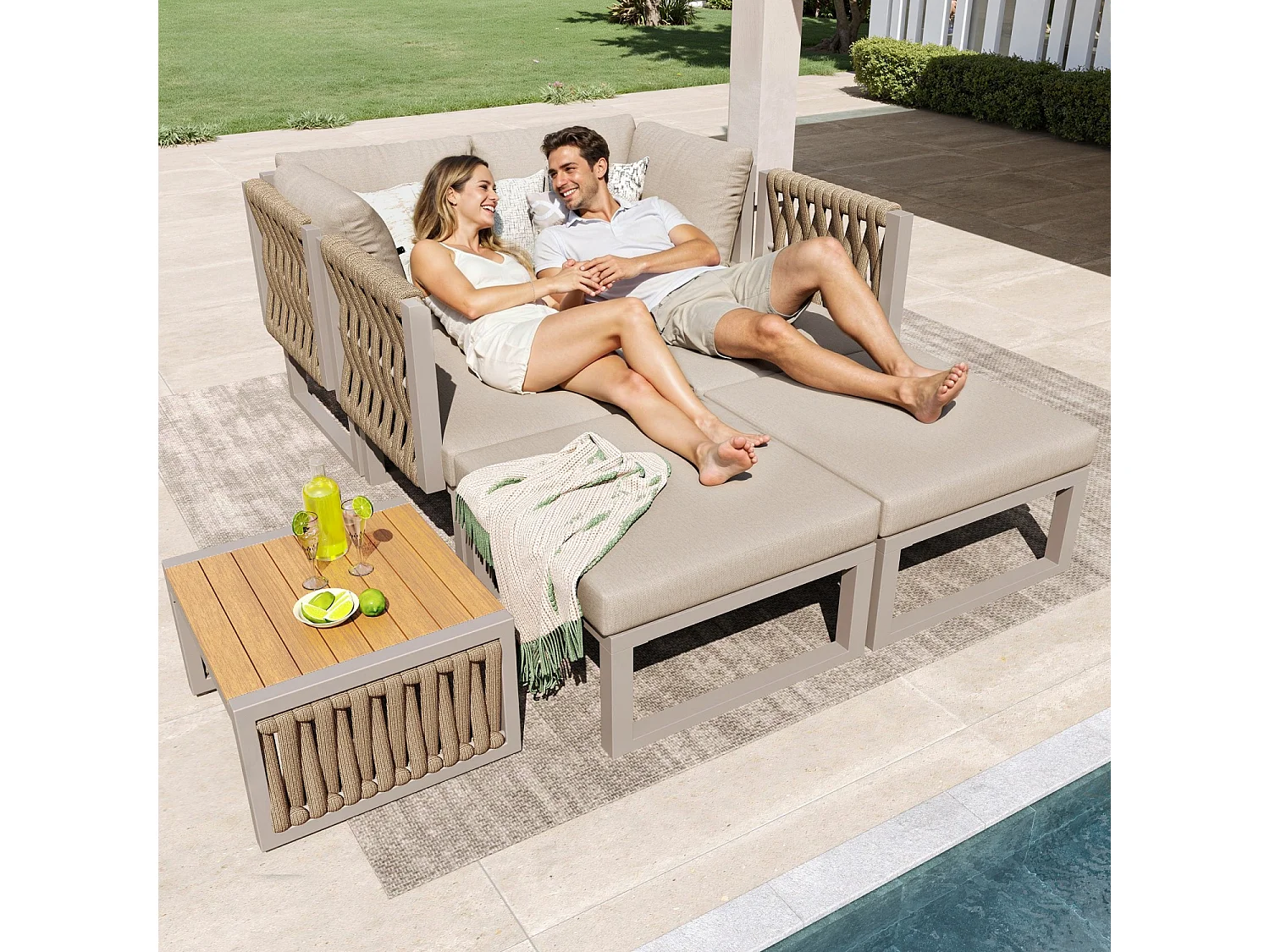 Set di mobili da giardino con cuscini e cuscini di alta qualità, angolo dello schienale regolabile, beige