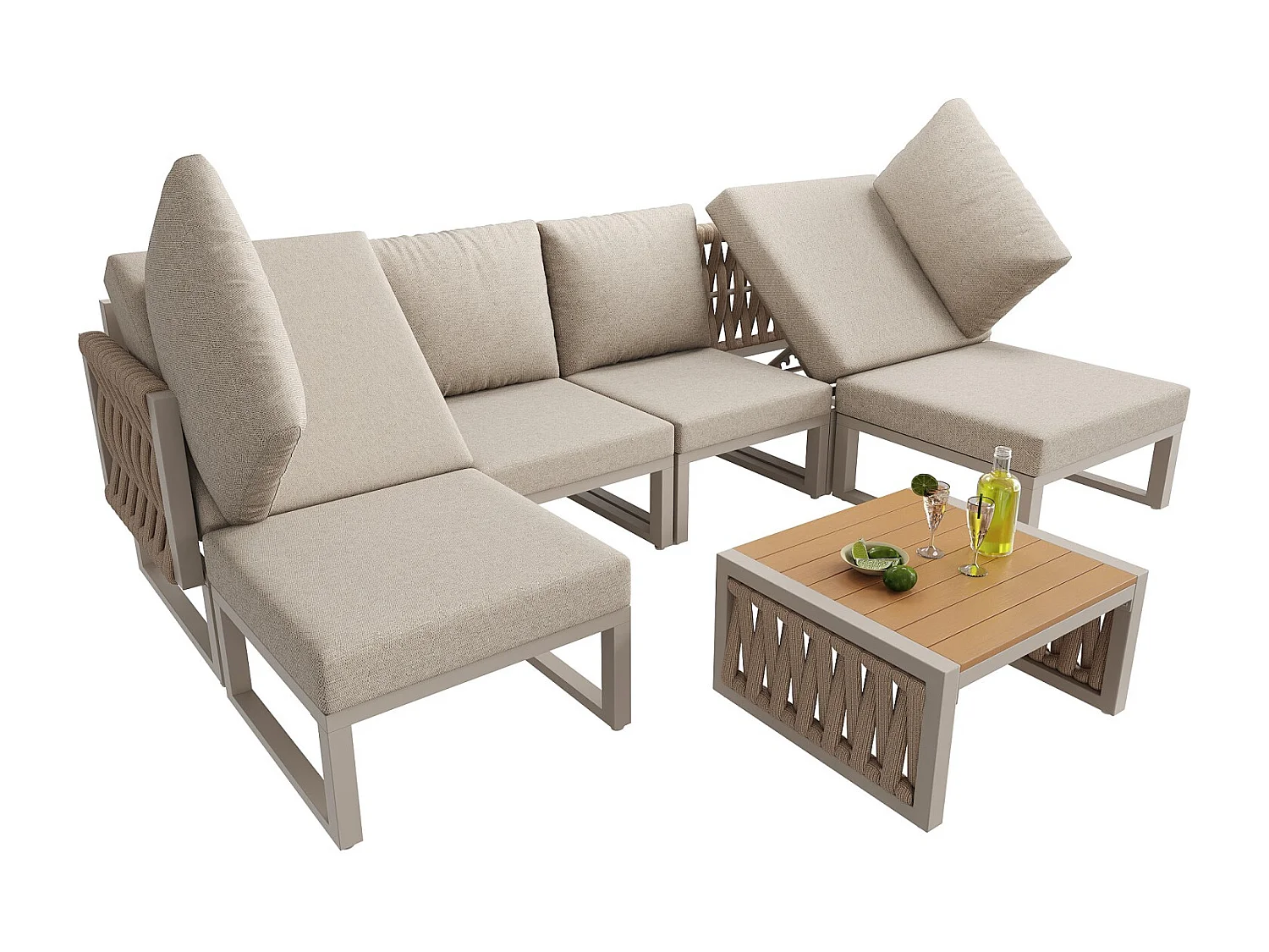 Set di mobili da giardino con cuscini e cuscini di alta qualità, angolo dello schienale regolabile, beige