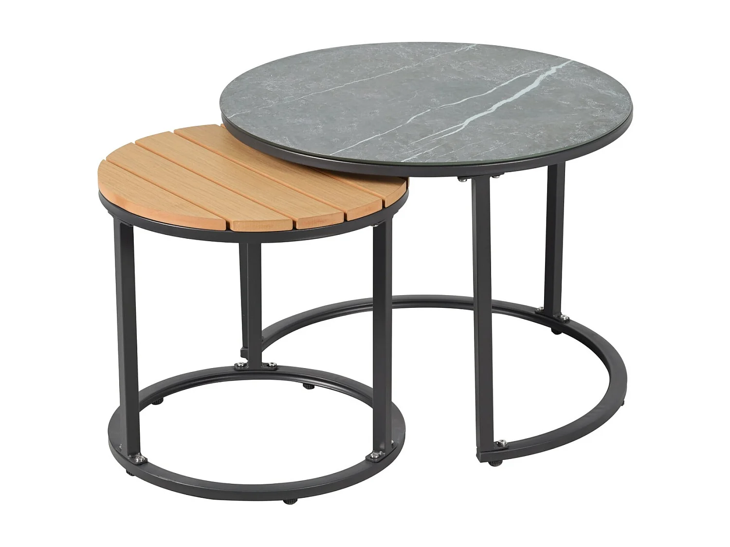 Ontspannende tuinset, met glazen tafelblad met marmerafwerking en kunststof tafelblad in houtlook, frame van gegalvaniseerd staal, grijs