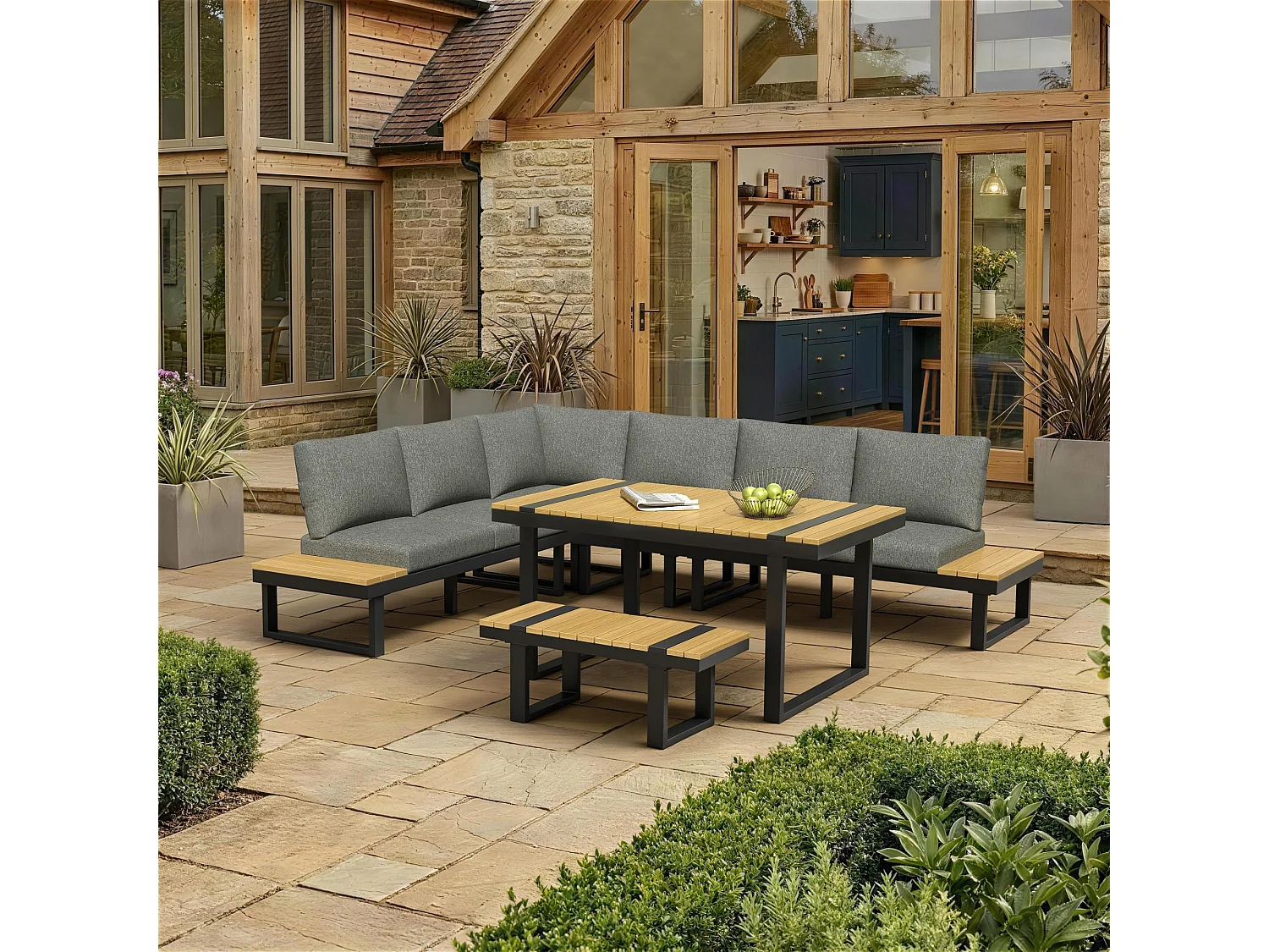 Ensemble de mobilier de jardin, avec inclinaison réglable (5 positions, jusqu'à 55°), tubes en acier galvanisé, gris + noir