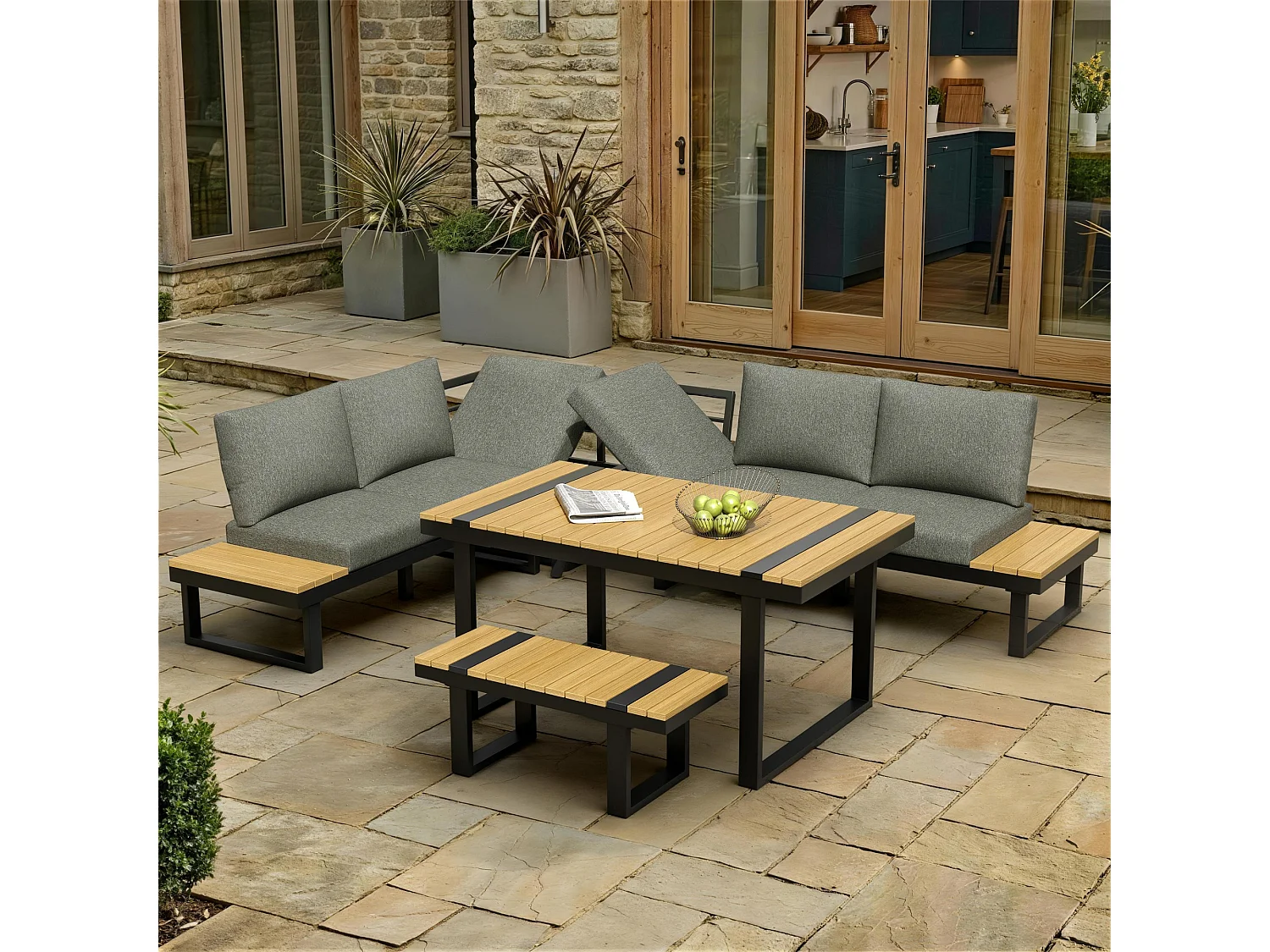 Ensemble de mobilier de jardin, avec inclinaison réglable (5 positions, jusqu'à 55°), tubes en acier galvanisé, gris + noir