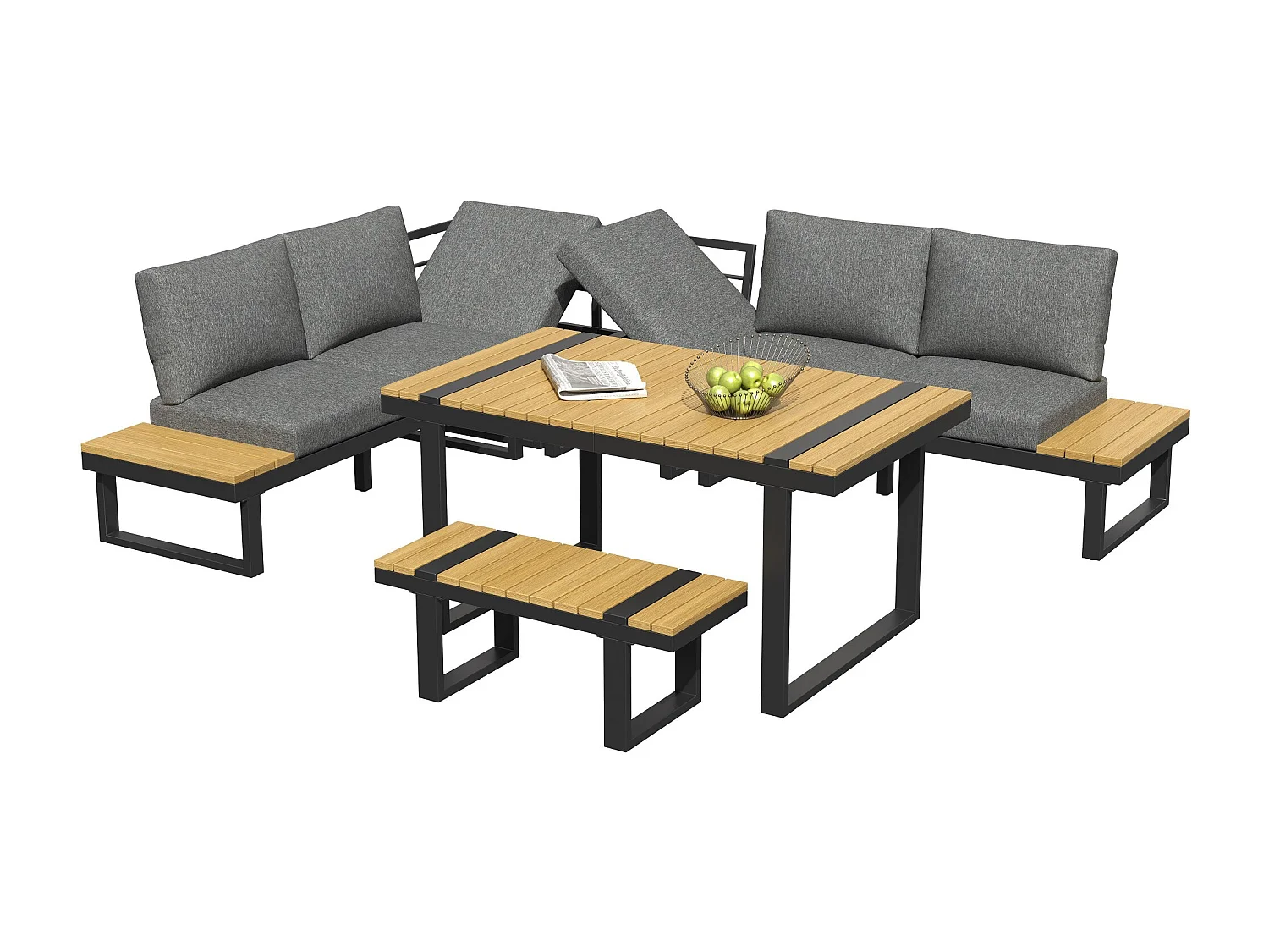 Ensemble de mobilier de jardin, avec inclinaison réglable (5 positions, jusqu'à 55°), tubes en acier galvanisé, gris + noir