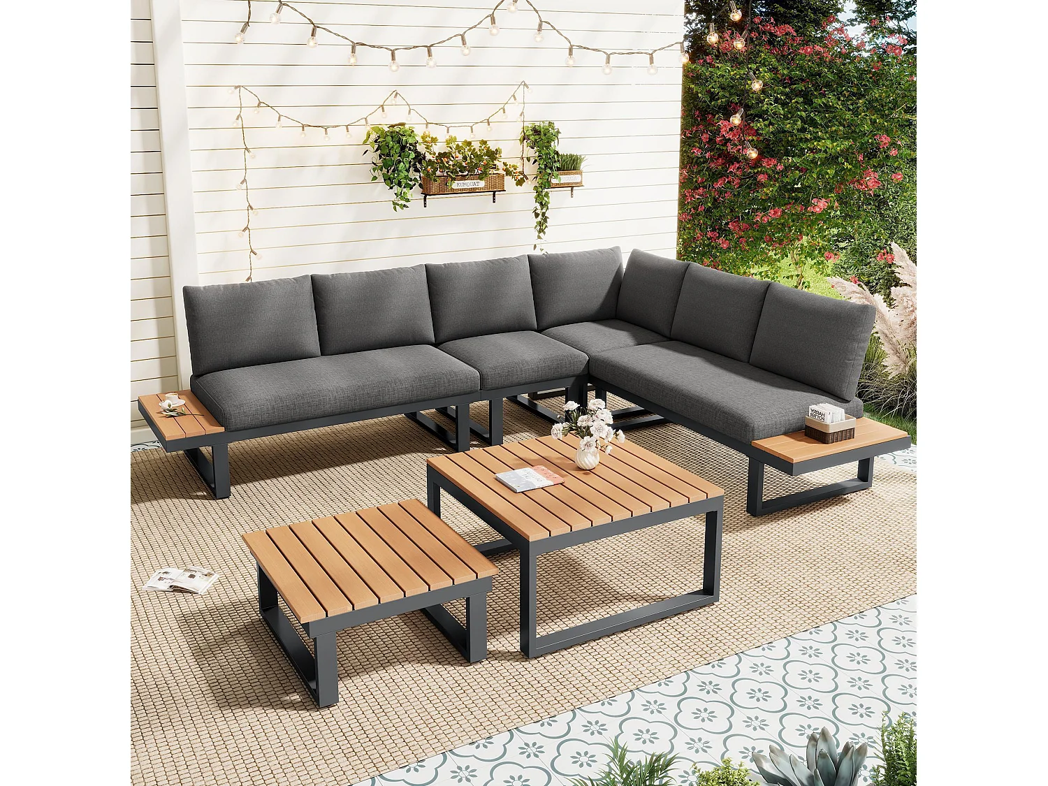 Ensemble de mobilier de jardin, avec inclinaison réglable (5 positions, jusqu'à 55°), tubes en acier galvanisé, noir + gris