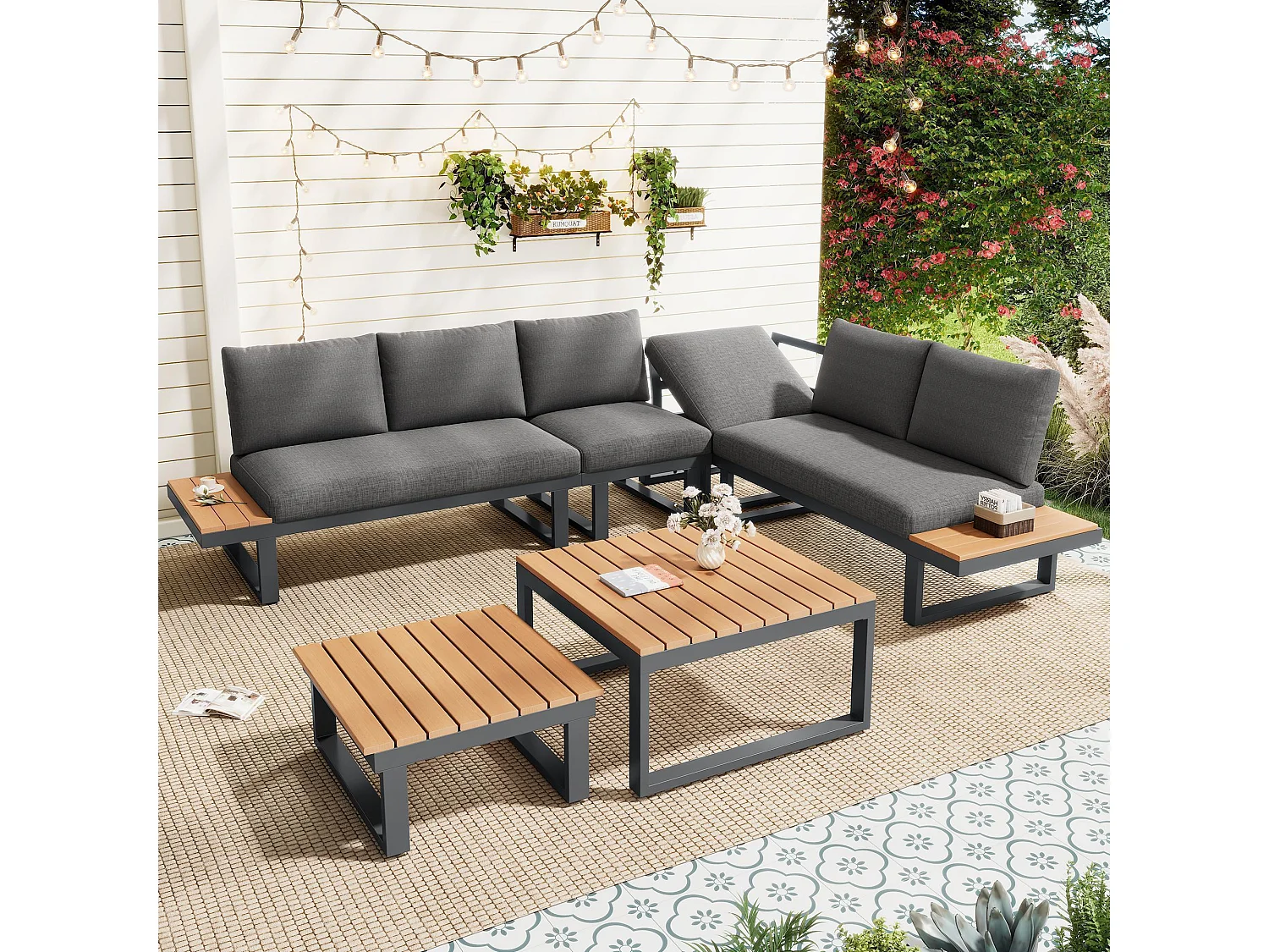 Ensemble de mobilier de jardin, avec inclinaison réglable (5 positions, jusqu'à 55°), tubes en acier galvanisé, noir + gris