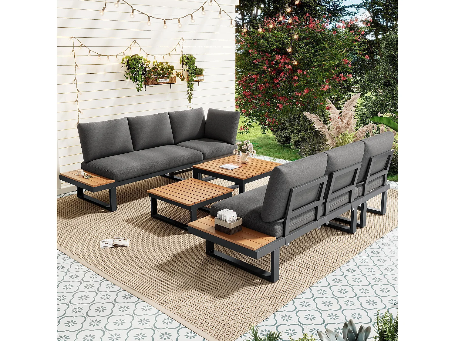 Ensemble de mobilier de jardin, avec inclinaison réglable (5 positions, jusqu'à 55°), tubes en acier galvanisé, noir + gris