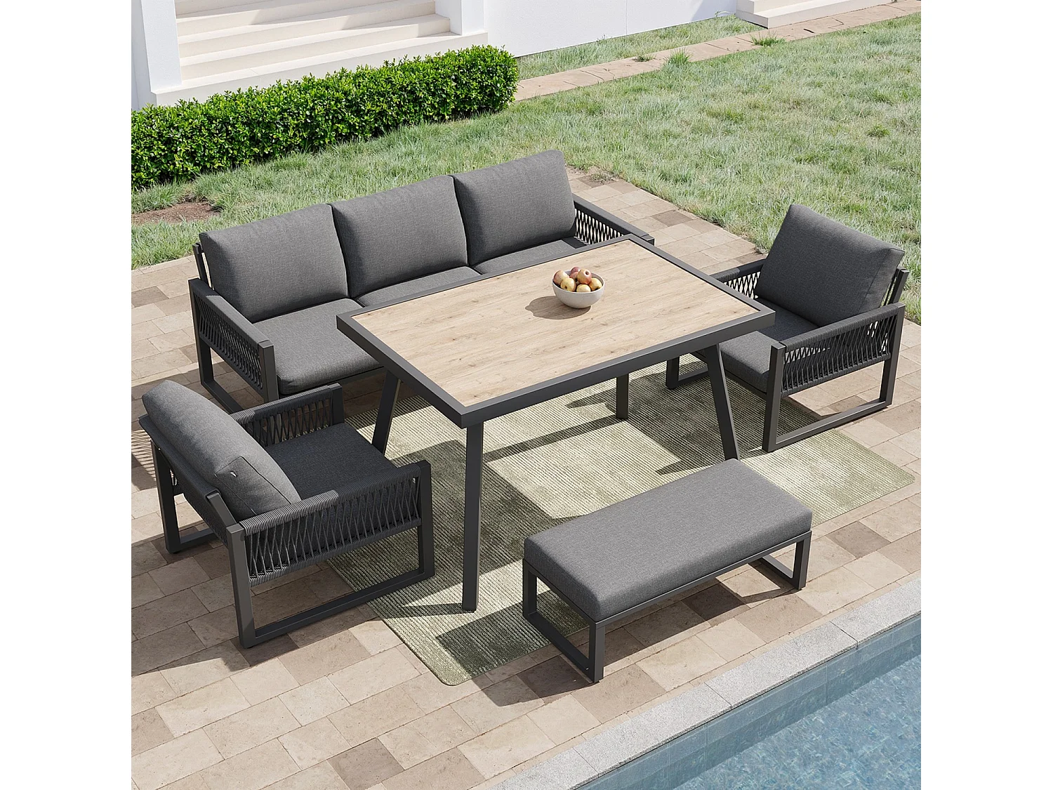 Set di mobili da giardino, può ospitare da 6 a 7 persone, cuscini e schienali di alta qualità, resistente alle intemperie, grigio