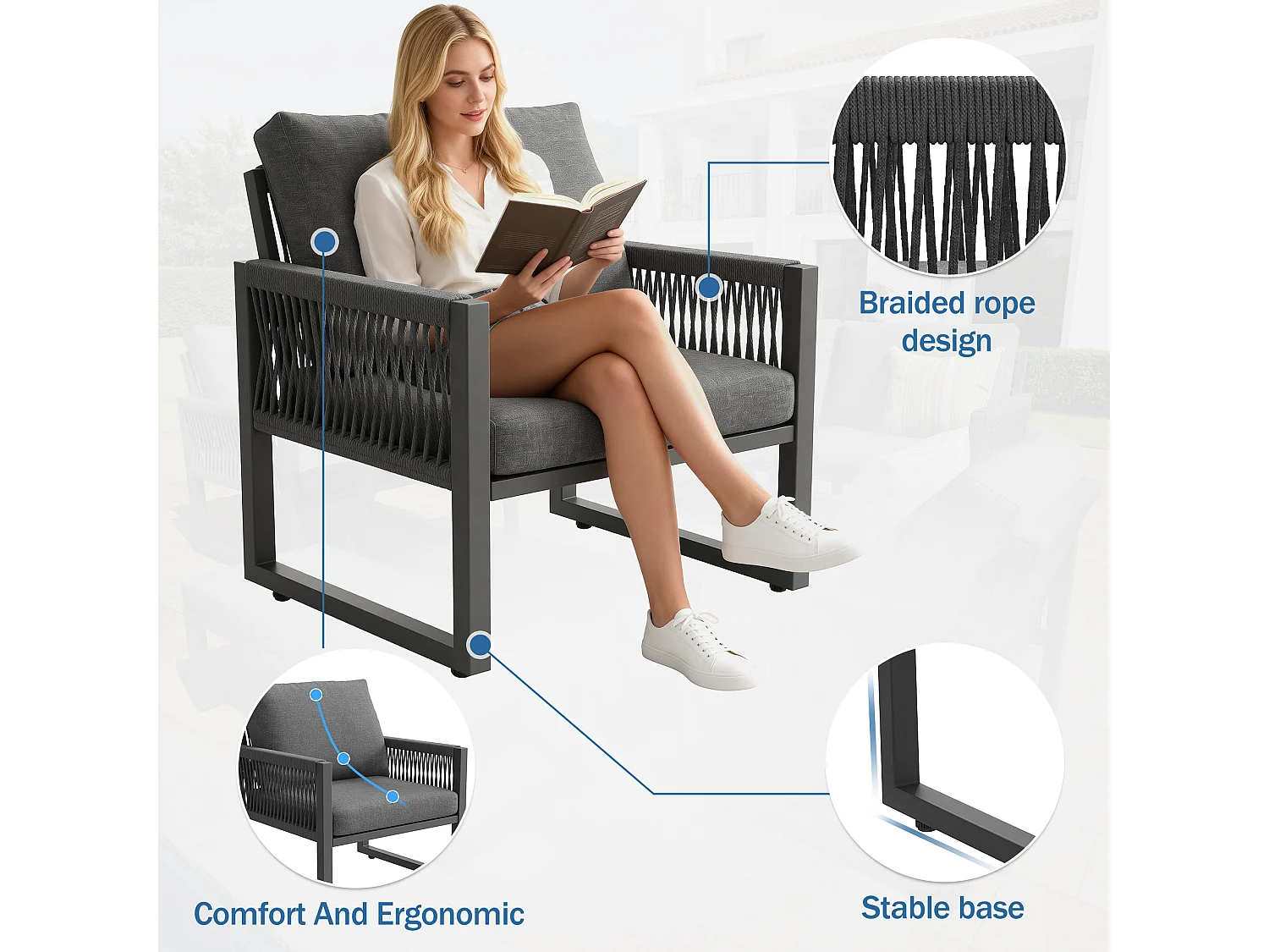 Set di mobili da giardino, può ospitare da 6 a 7 persone, cuscini e schienali di alta qualità, resistente alle intemperie, grigio
