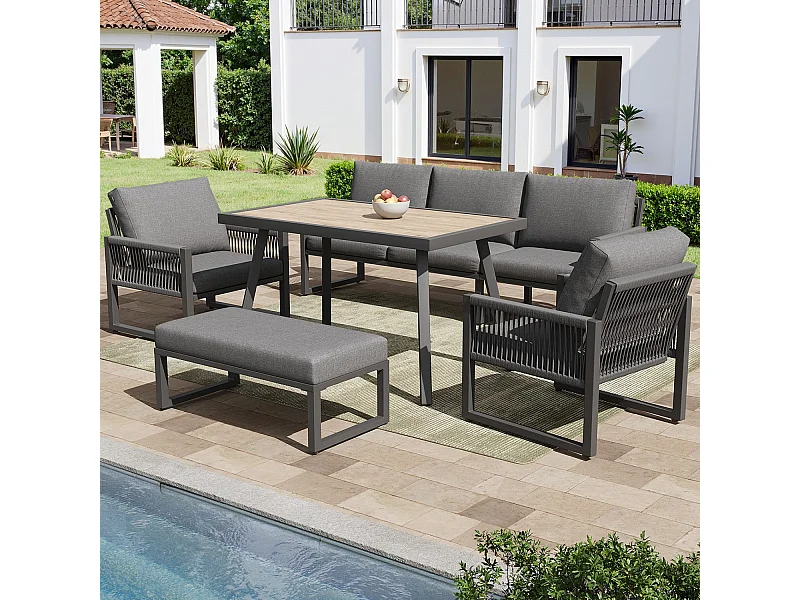 Set di mobili da giardino, può ospitare da 6 a 7 persone, cuscini e schienali di alta qualità, resistente alle intemperie, grigio