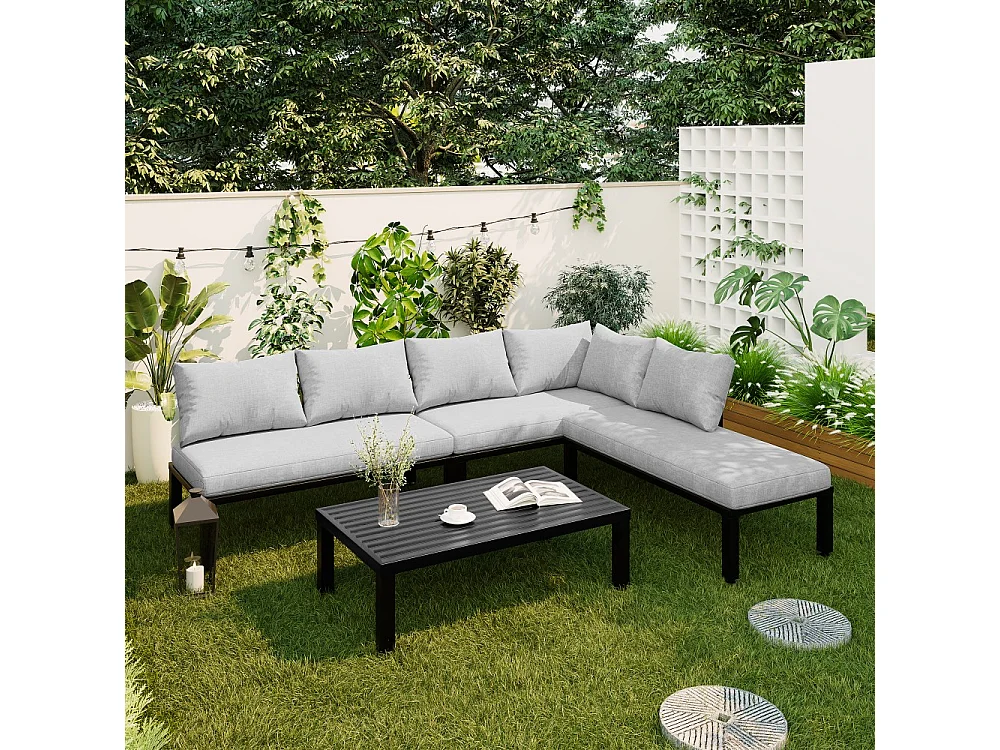 Tuinset, frame van gegalvaniseerd ijzer, 6 zitplaatsen, verstelbare poten, afneembare rugleuningen, grijs